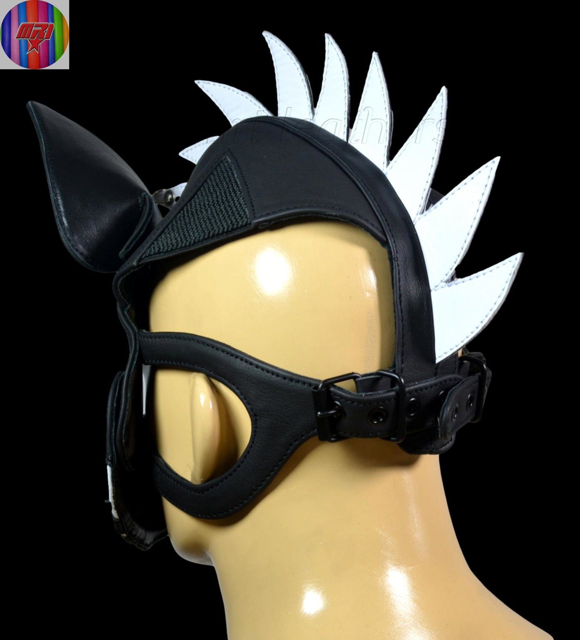 Black & White Leather Puppy Hood with Mohawk Handmade Dog Mask with Spikes and Large Ears - MRI Leathers