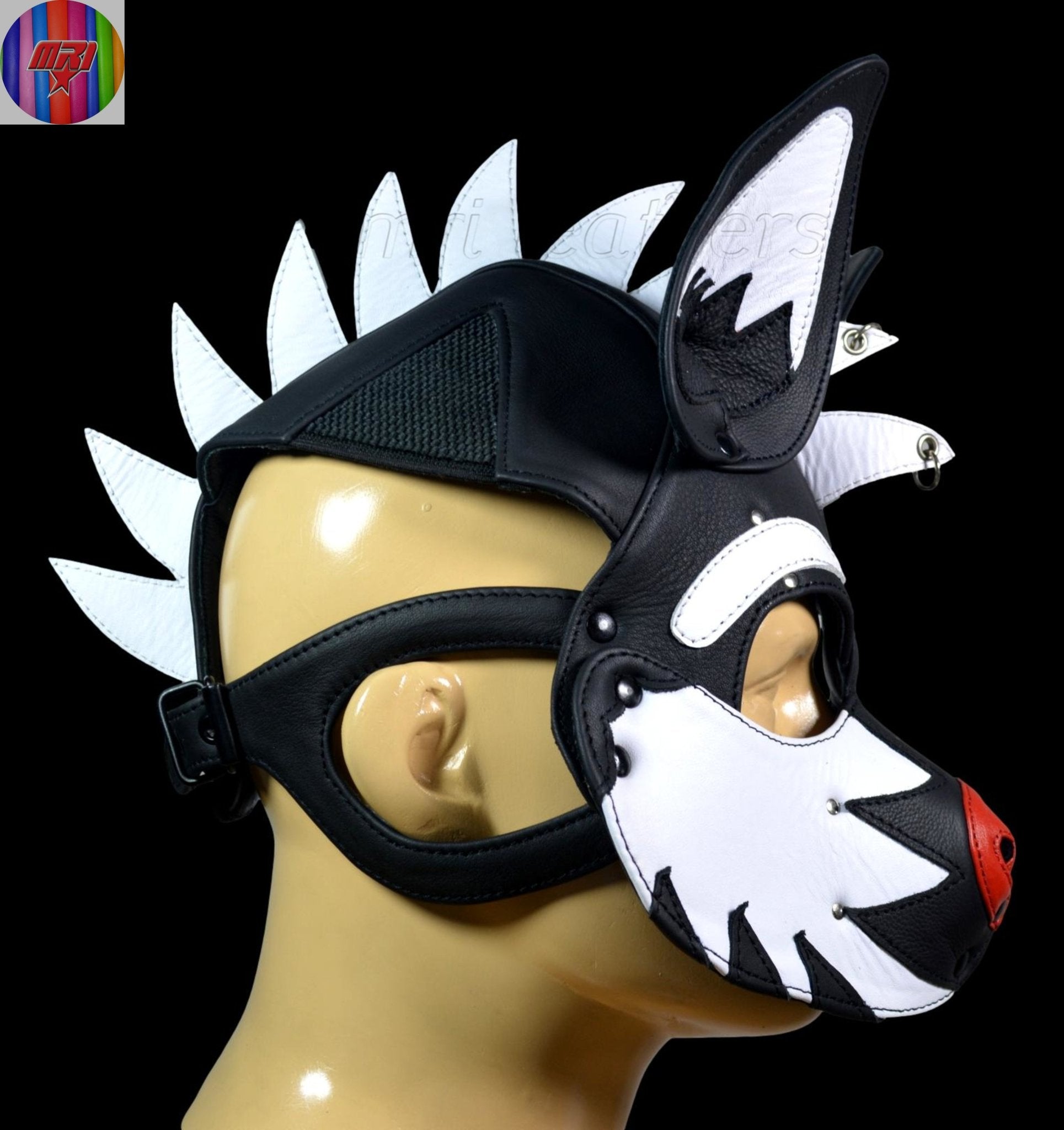 Black & White Leather Puppy Hood with Mohawk Handmade Dog Mask with Spikes and Large Ears - MRI Leathers