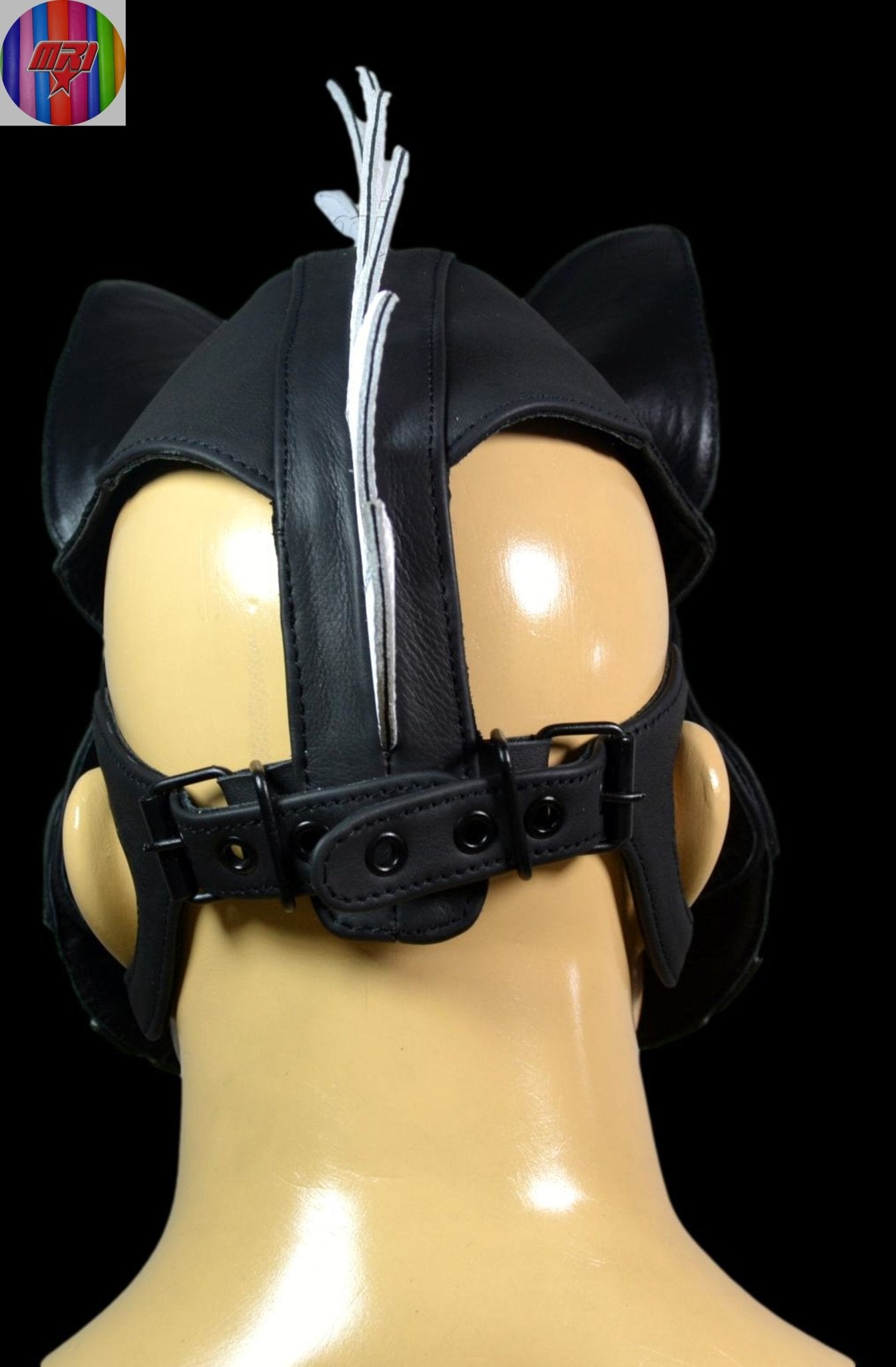 Black & White Leather Puppy Hood with Mohawk Handmade Dog Mask with Spikes and Large Ears - MRI Leathers