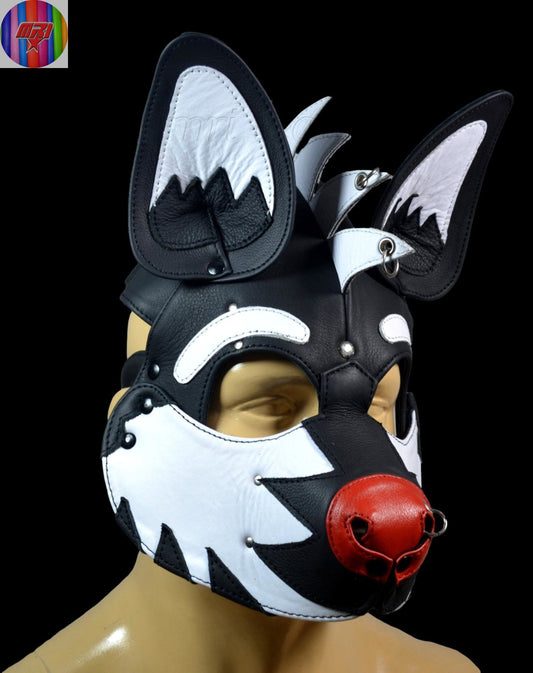 Black & White Leather Puppy Hood with Mohawk Handmade Dog Mask with Spikes and Large Ears - MRI Leathers