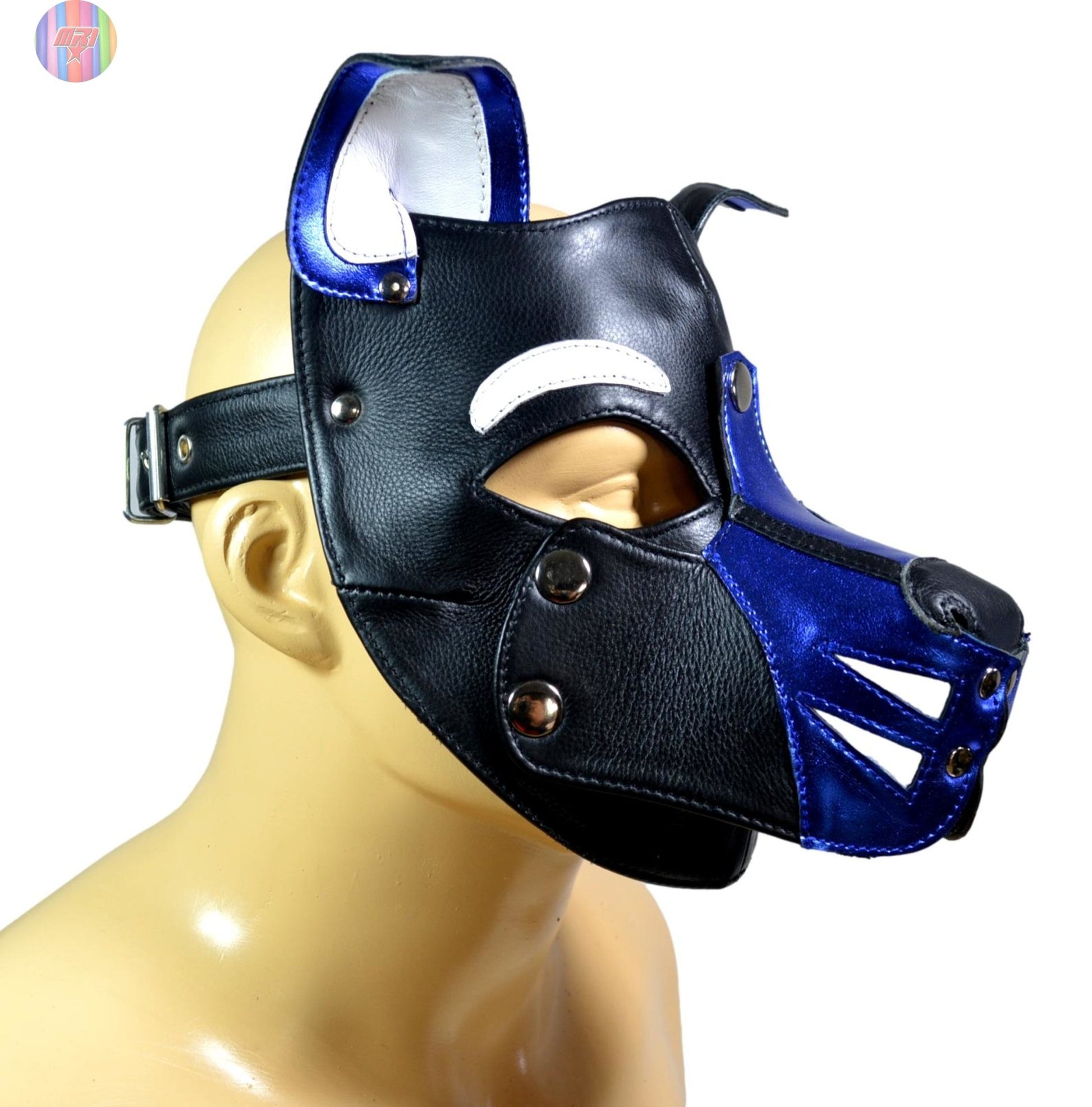Blue and Black Leather Puppy Hood – Removable Muzzle Dog Mask for Pet Play, Cosplay & Roleplay – Adjustable Pup Hood with Metal Ear Support - MRI Leathers