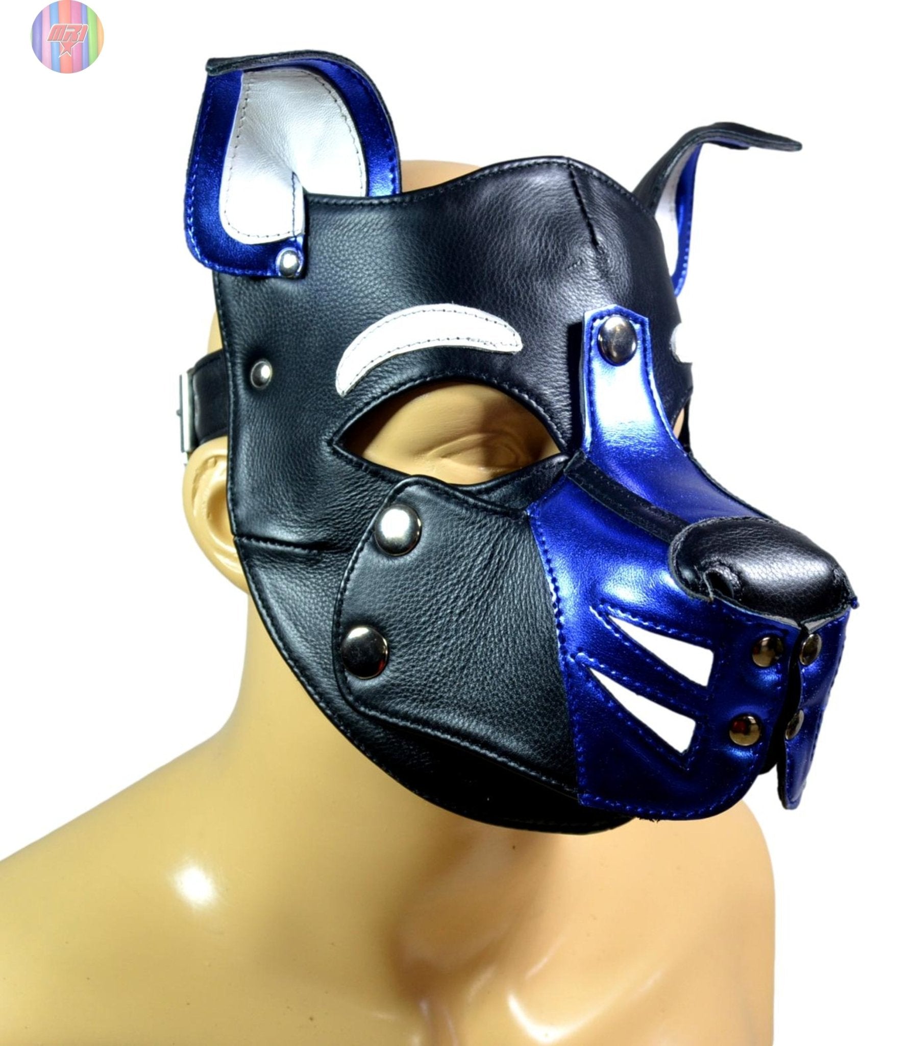 Blue and Black Leather Puppy Hood – Removable Muzzle Dog Mask for Pet Play, Cosplay & Roleplay – Adjustable Pup Hood with Metal Ear Support - MRI Leathers