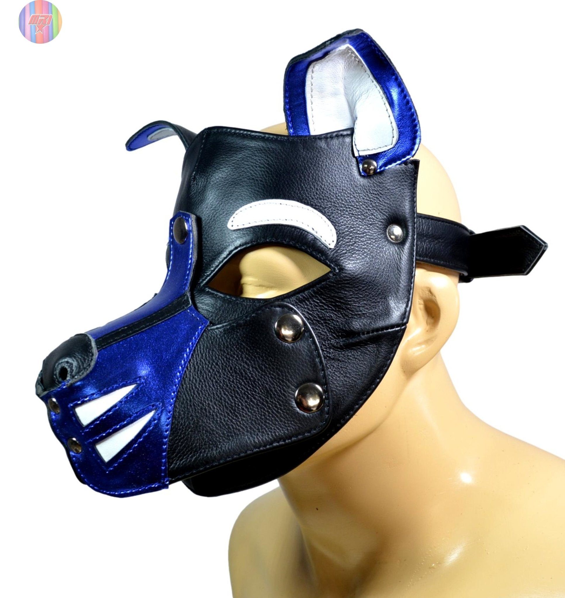 Blue and Black Leather Puppy Hood – Removable Muzzle Dog Mask for Pet Play, Cosplay & Roleplay – Adjustable Pup Hood with Metal Ear Support - MRI Leathers