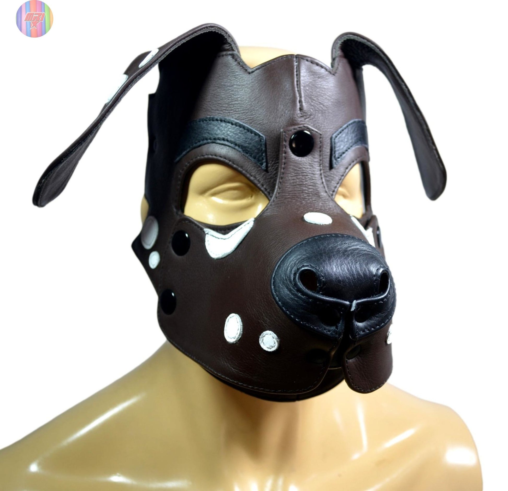 Dalmatian Leather Puppy Hood – Black and White Dog Mask for Cosplay, Pet Play, and Roleplay – Adjustable Human Pup Hood with Floppy Ears (Copy) - MRI Leathers