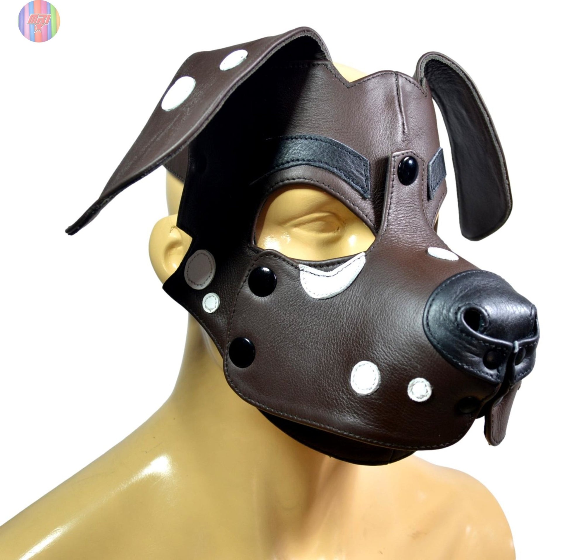 Dalmatian Leather Puppy Hood – Black and White Dog Mask for Cosplay, Pet Play, and Roleplay – Adjustable Human Pup Hood with Floppy Ears (Copy) - MRI Leathers