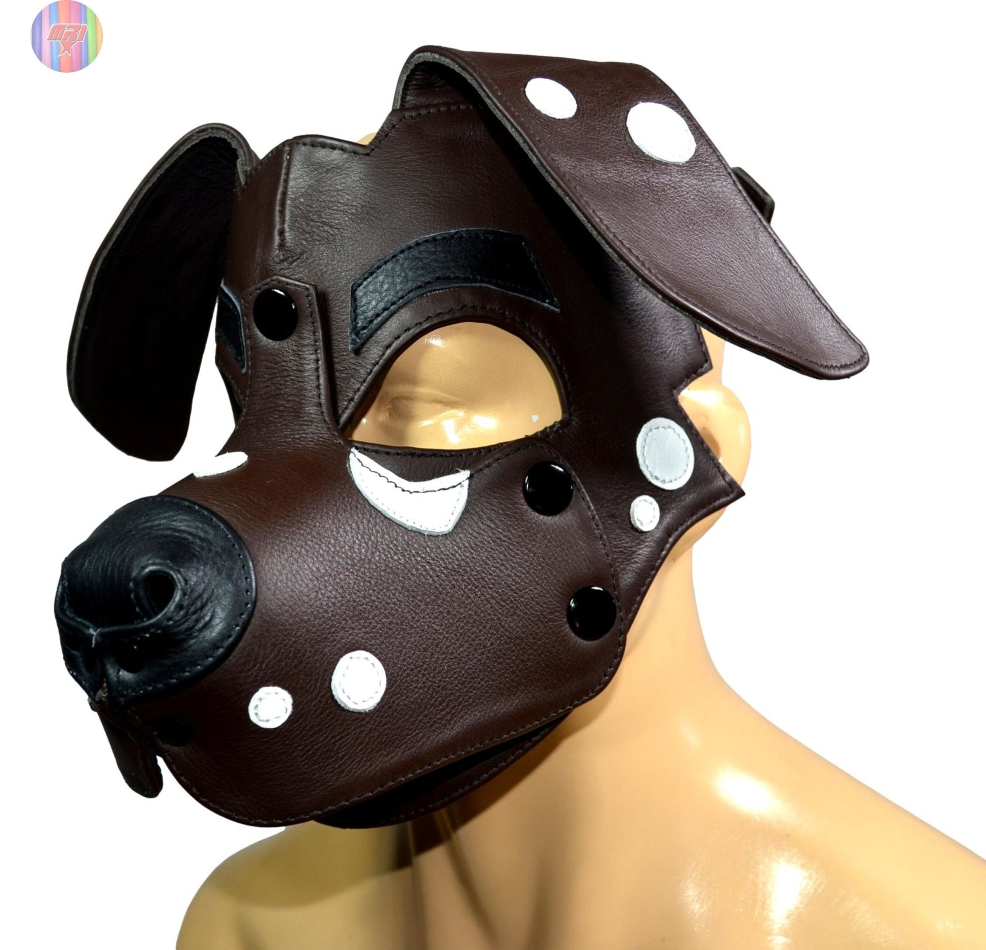 Dalmatian Leather Puppy Hood – Black and White Dog Mask for Cosplay, Pet Play, and Roleplay – Adjustable Human Pup Hood with Floppy Ears (Copy) - MRI Leathers