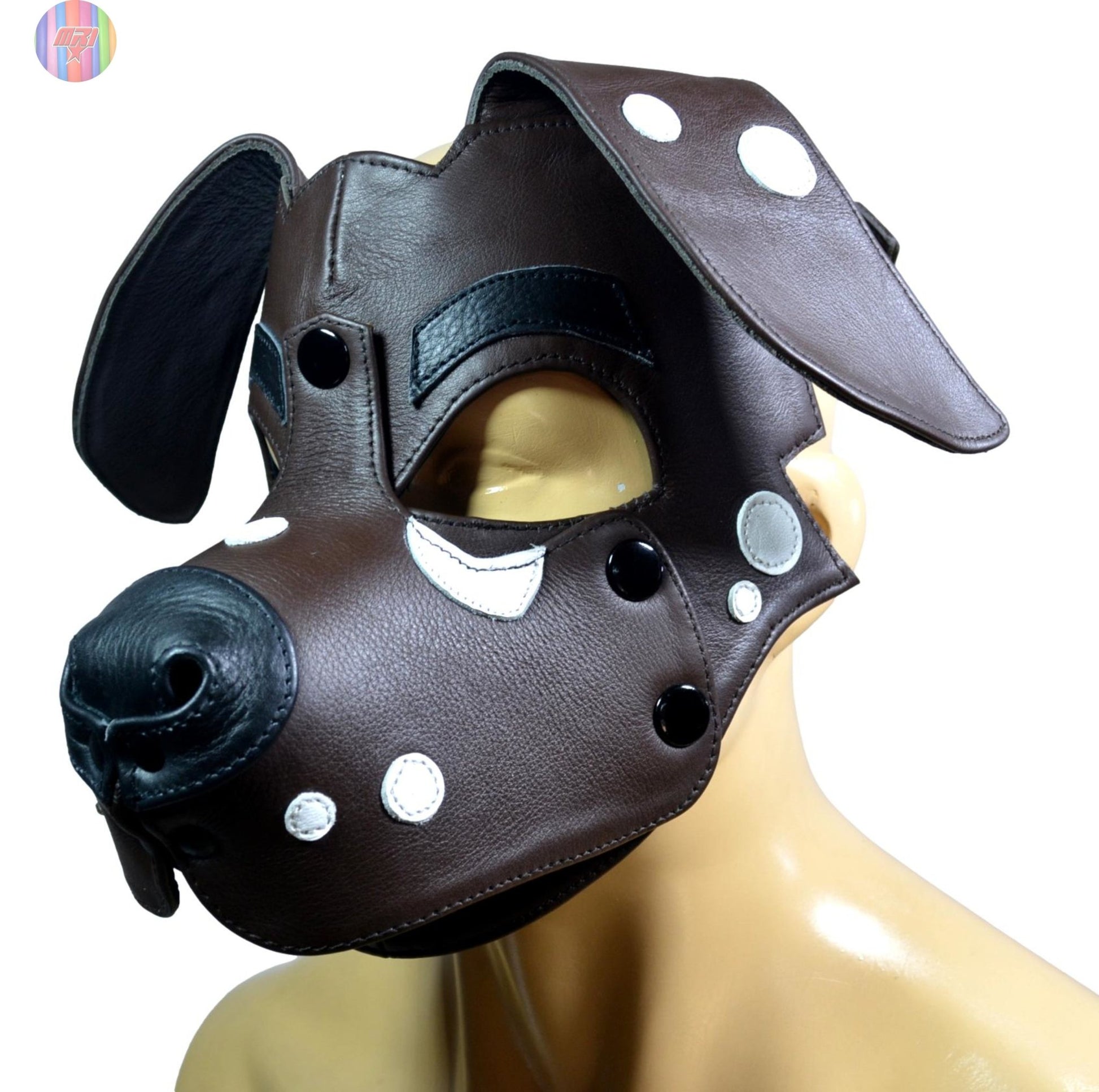Dalmatian Leather Puppy Hood – Black and White Dog Mask for Cosplay, Pet Play, and Roleplay – Adjustable Human Pup Hood with Floppy Ears (Copy) - MRI Leathers