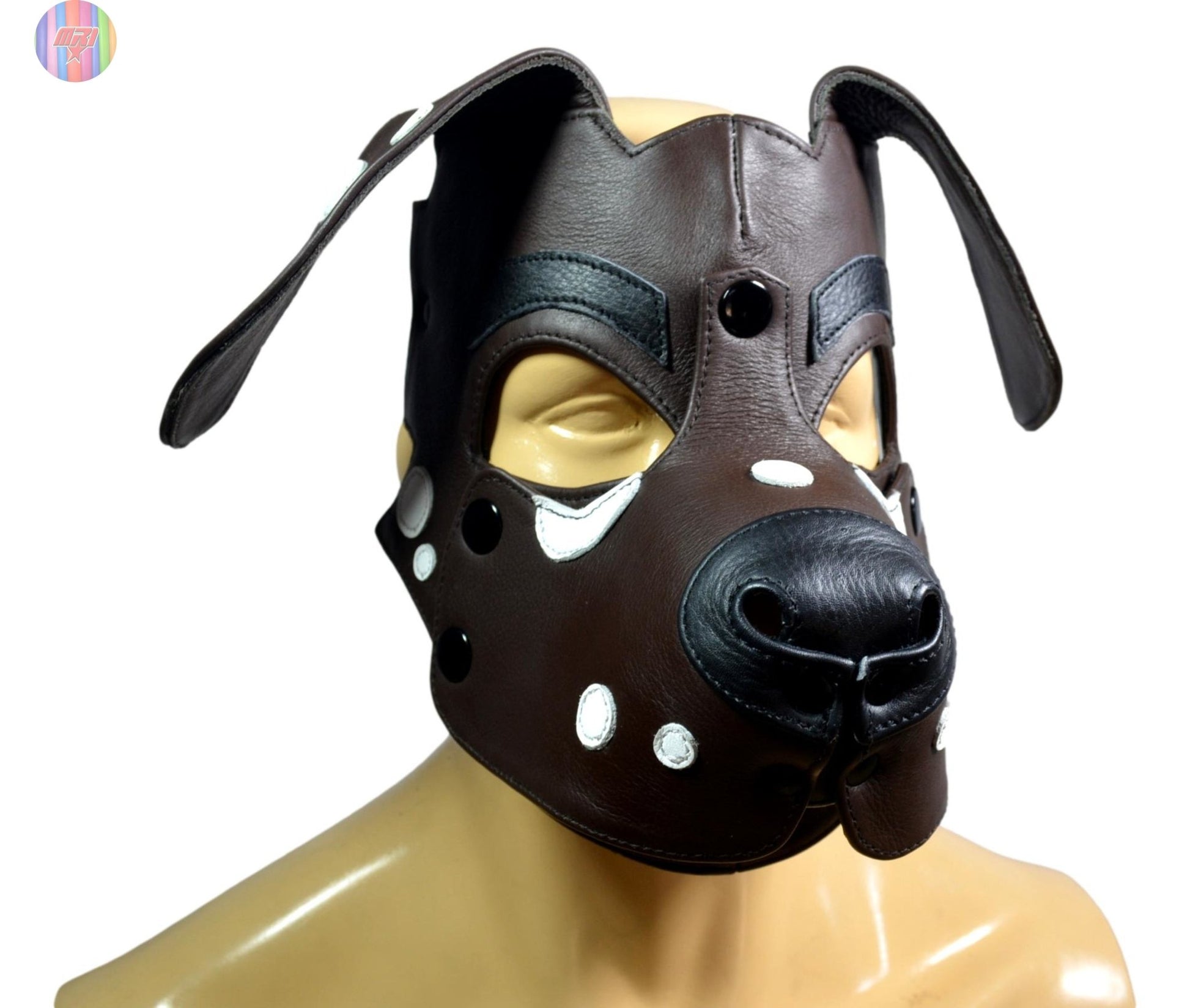 Dalmatian Leather Puppy Hood – Black and White Dog Mask for Cosplay, Pet Play, and Roleplay – Adjustable Human Pup Hood with Floppy Ears (Copy) - MRI Leathers