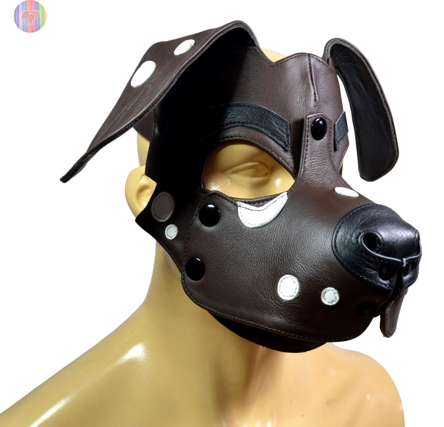 Dalmatian Leather Puppy Hood – Black and White Dog Mask for Cosplay, Pet Play, and Roleplay – Adjustable Human Pup Hood with Floppy Ears (Copy) - MRI Leathers