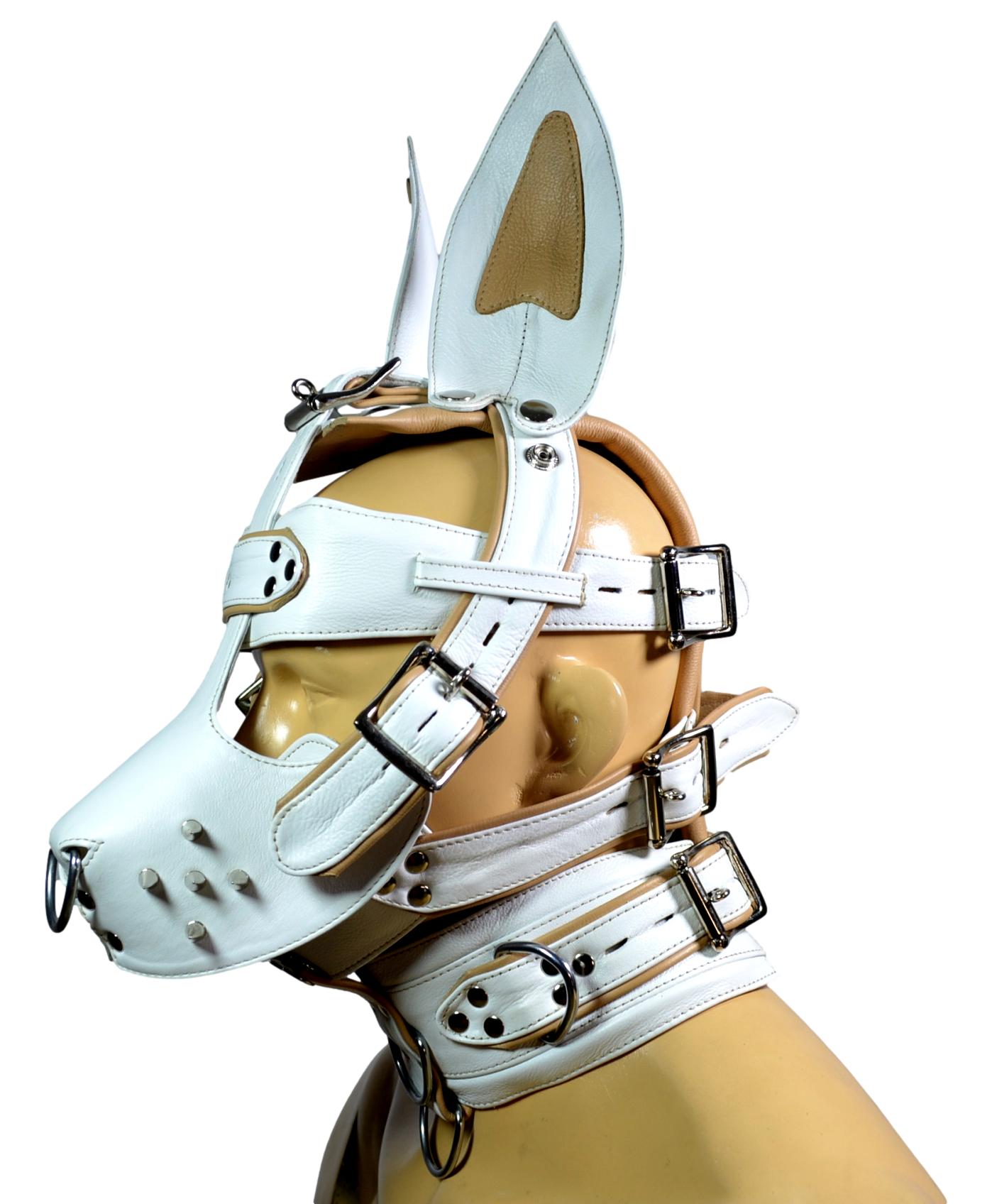 Leather Bunny Rabbit Pet Play Hood – White & Purple Stitching with Locking Buckles - MRI Leathers