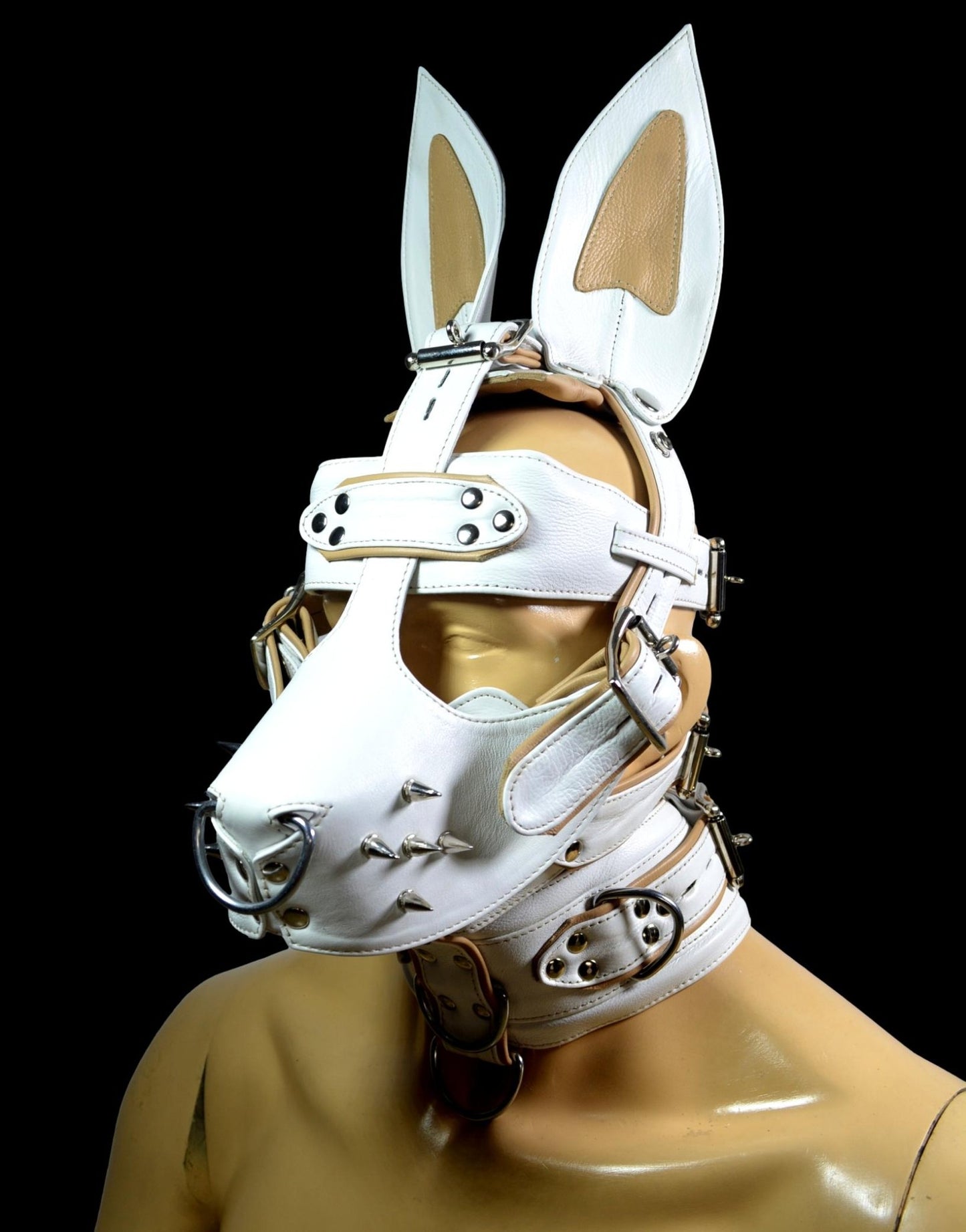 Leather Bunny Rabbit Pet Play Hood – White & Purple Stitching with Locking Buckles - MRI Leathers