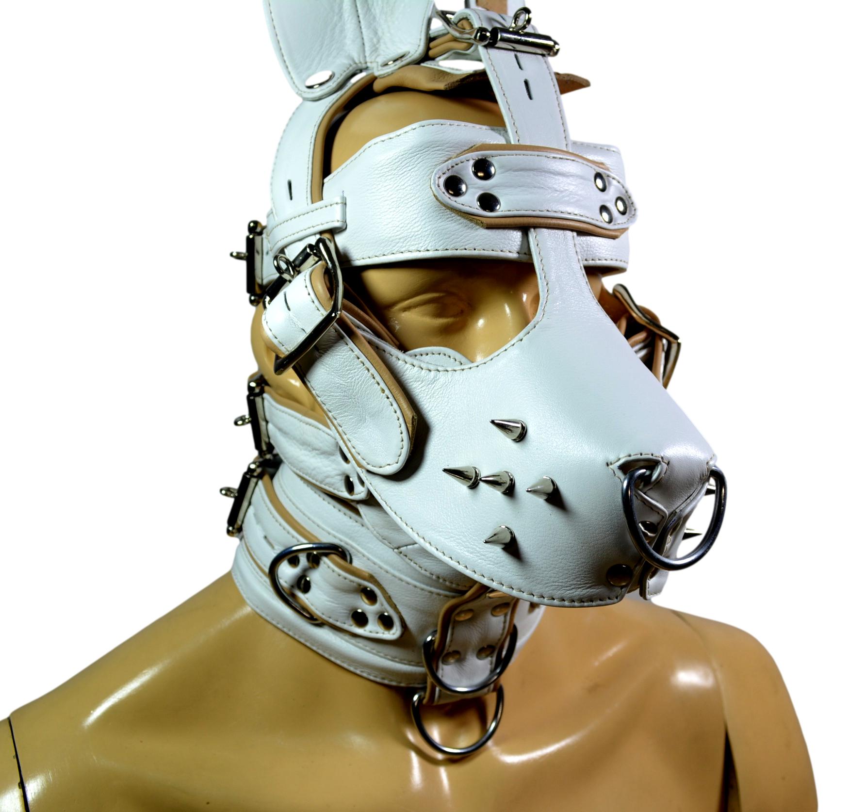 Leather Bunny Rabbit Pet Play Hood – White & Purple Stitching with Locking Buckles - MRI Leathers