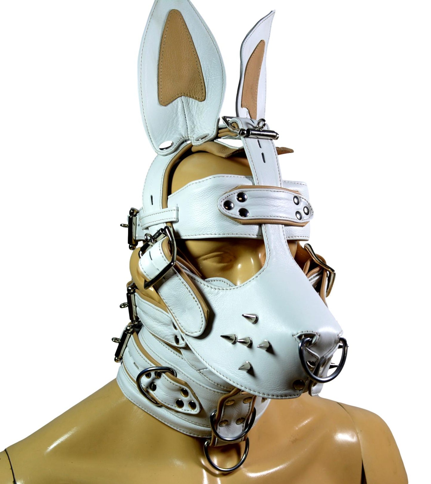 Leather Bunny Rabbit Pet Play Hood – White & Purple Stitching with Locking Buckles - MRI Leathers