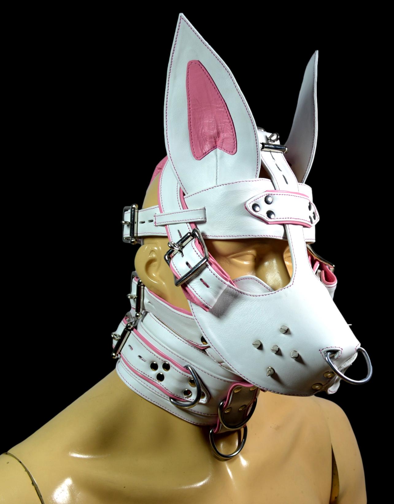 Leather Bunny Rabbit Pet Play Hood – White & Purple Design – MRI Leathers