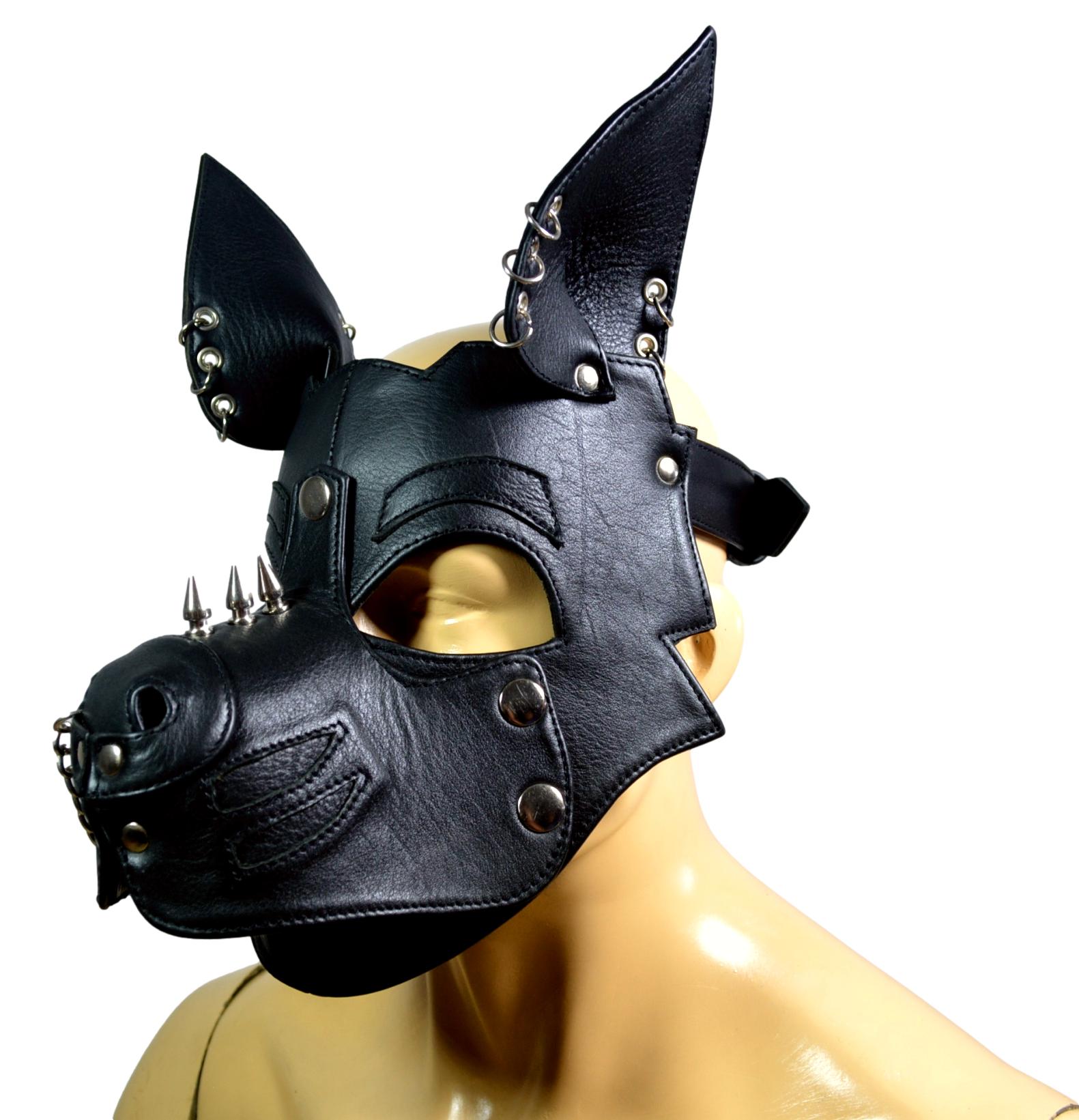 Leather Dog Mask With Spikes and Rings Leather Puppy Mask Puppy Mask Kink Puppy Hood Puppy play - MRI Leathers