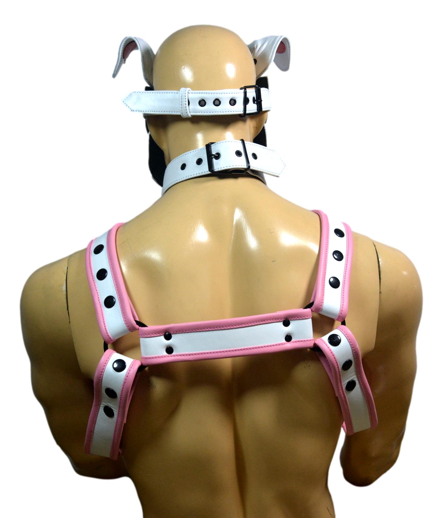 Leather Puppy Hood White and Pink with Matching Heart Chest Harness Adjustable Cosplay Mask & Harness Set - MRI Leathers