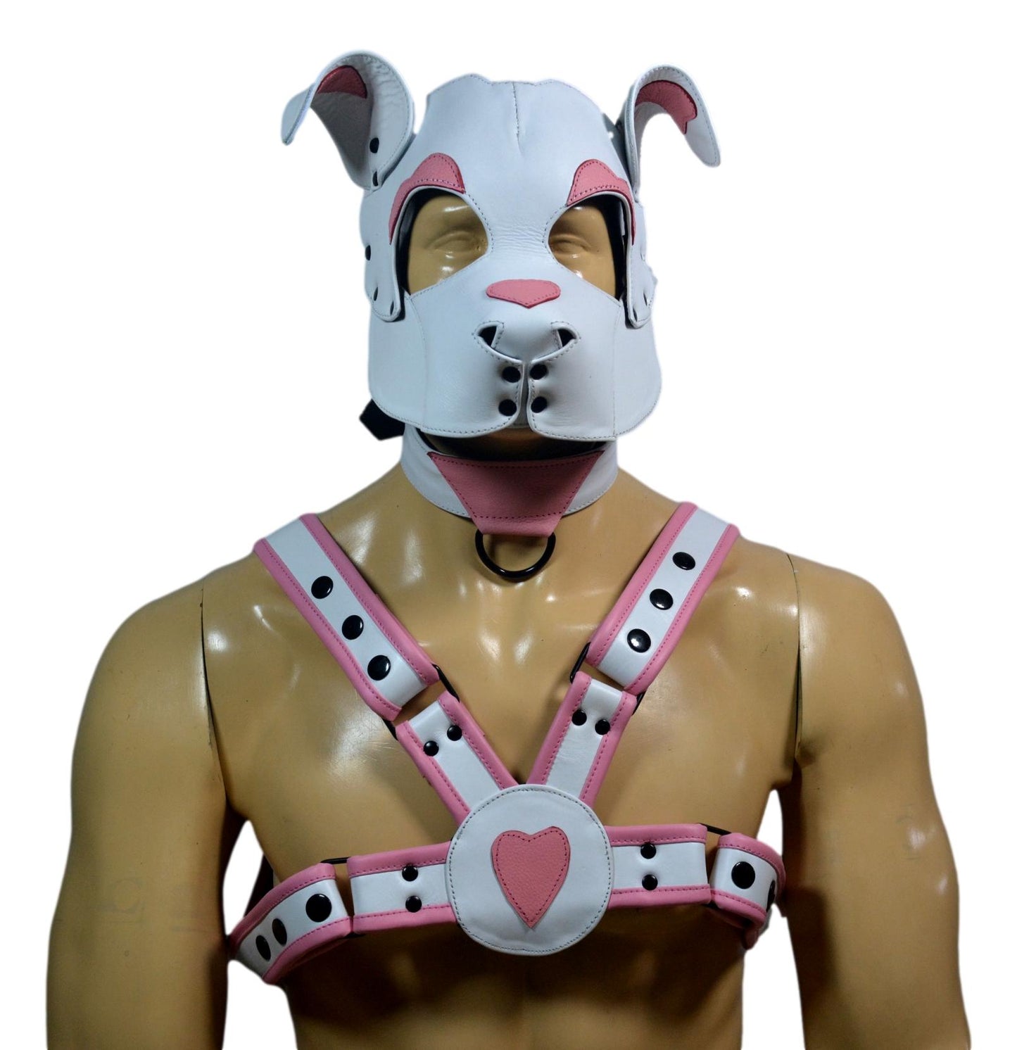Leather Puppy Hood White and Pink with Matching Heart Chest Harness Adjustable Cosplay Mask & Harness Set - MRI Leathers