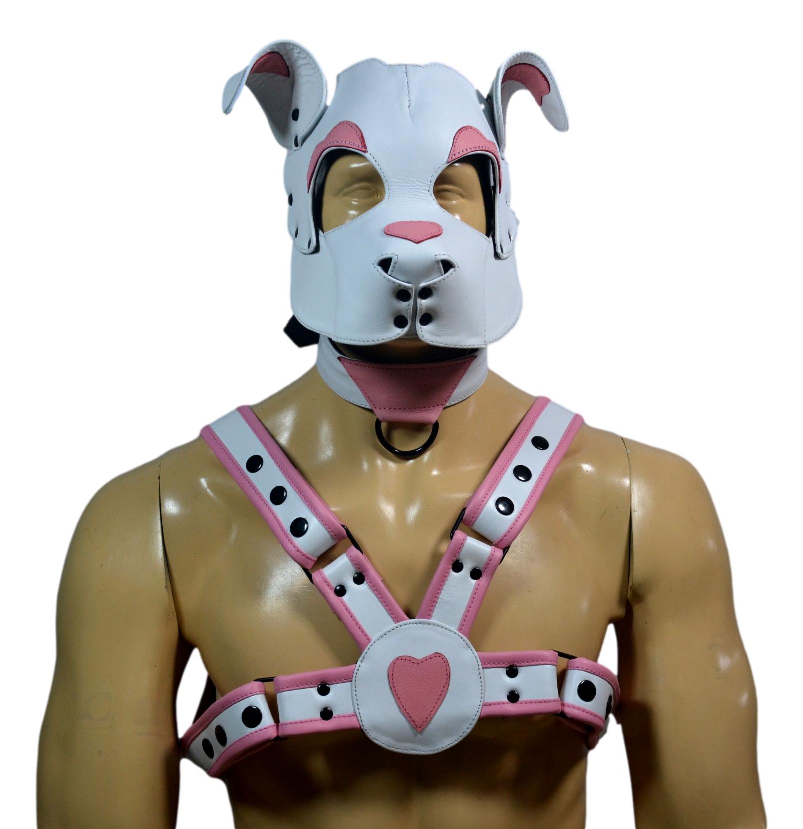 Leather Puppy Hood White and Pink with Matching Heart Chest Harness Adjustable Cosplay Mask & Harness Set - MRI Leathers