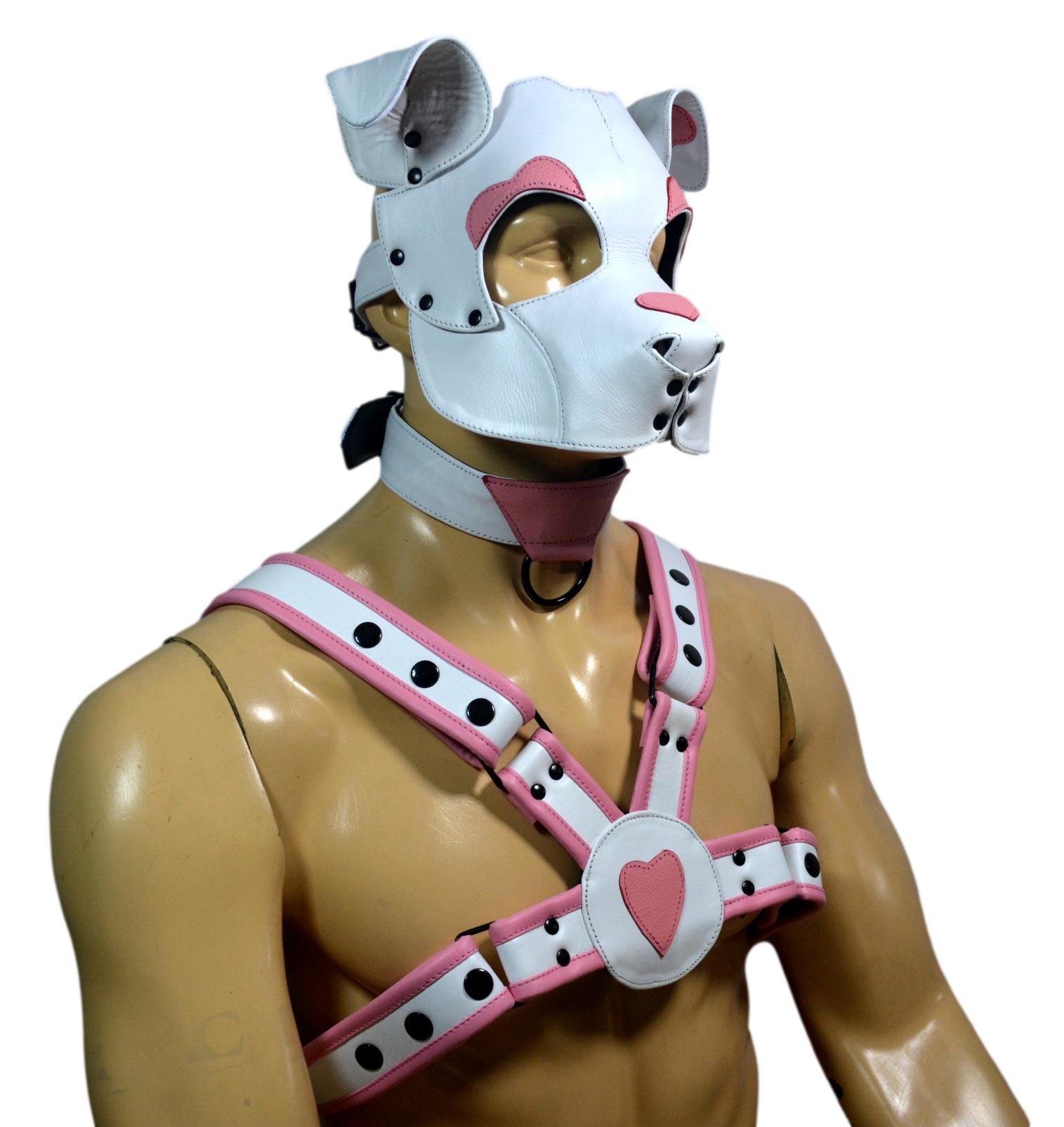 Leather Puppy Hood White and Pink with Matching Heart Chest Harness Adjustable Cosplay Mask & Harness Set - MRI Leathers