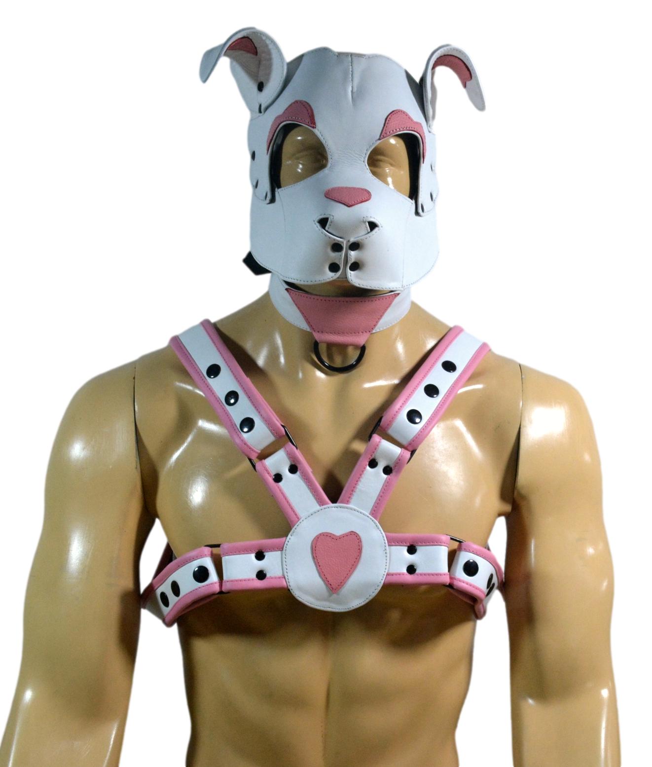 Leather Puppy Hood White and Pink with Matching Heart Chest Harness Adjustable Cosplay Mask & Harness Set - MRI Leathers