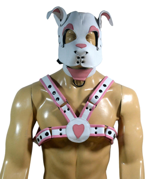 Leather Puppy Hood White and Pink with Matching Heart Chest Harness Adjustable Cosplay Mask & Harness Set - MRI Leathers