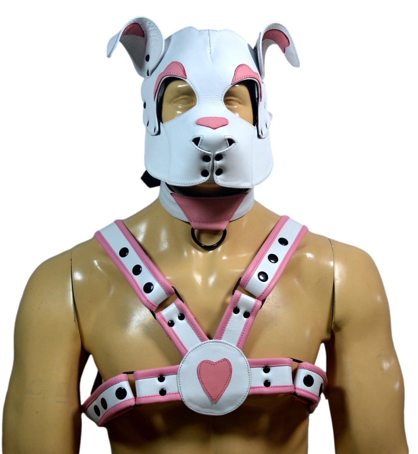 Leather Puppy Hood White and Pink with Matching Heart Chest Harness Adjustable Cosplay Mask & Harness Set - MRI Leathers