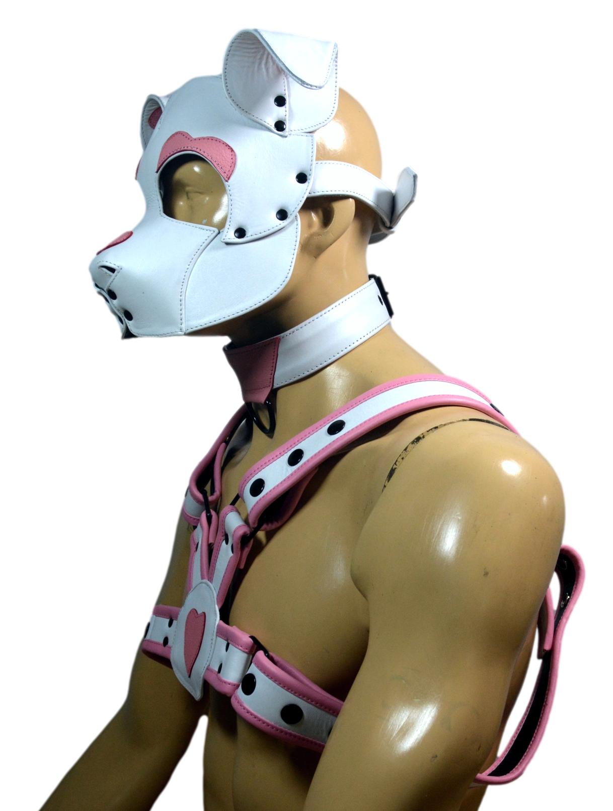 Leather Puppy Hood White and Pink with Matching Heart Chest Harness Adjustable Cosplay Mask & Harness Set - MRI Leathers