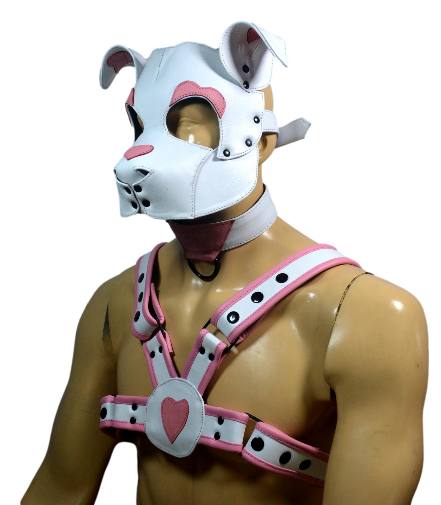 Leather Puppy Hood White and Pink with Matching Heart Chest Harness Adjustable Cosplay Mask & Harness Set - MRI Leathers