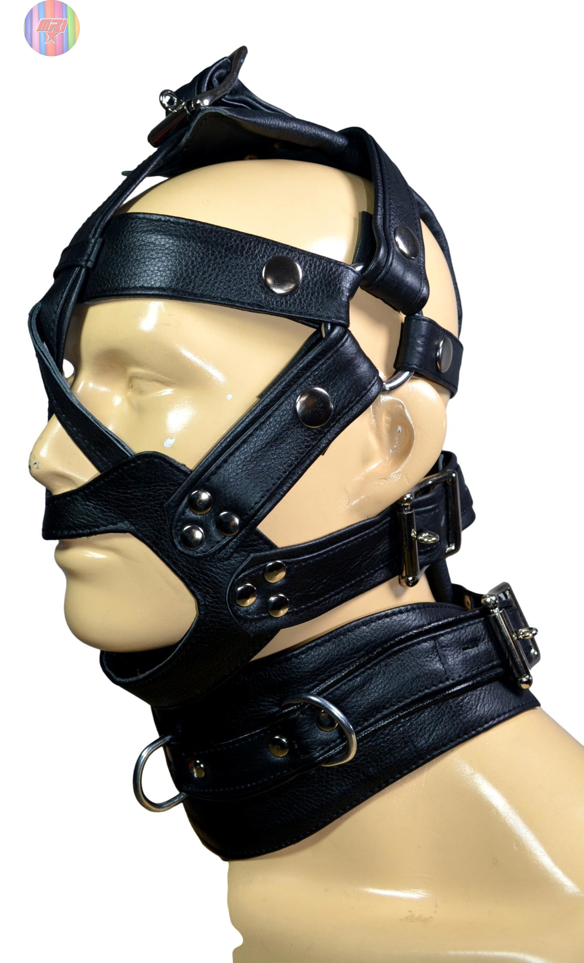 Black leather head harness with D-rings and adjustable straps for BDSM bondage.