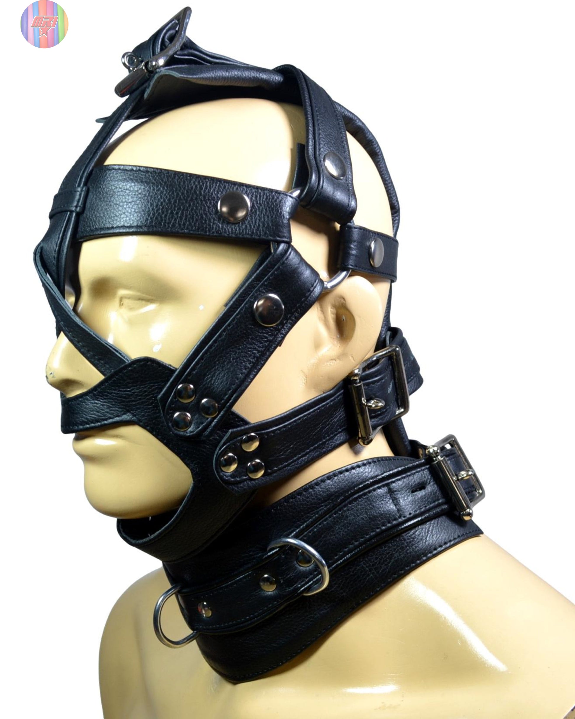Black Leather Head Harness with D-Rings and Adjustable Straps for BDSM and Fetish Play.