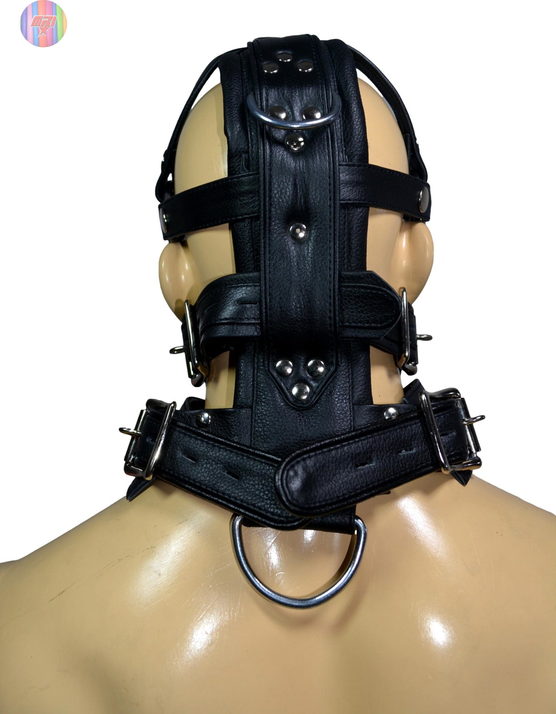 Black leather head harness with D-rings and adjustable straps for BDSM bondage.