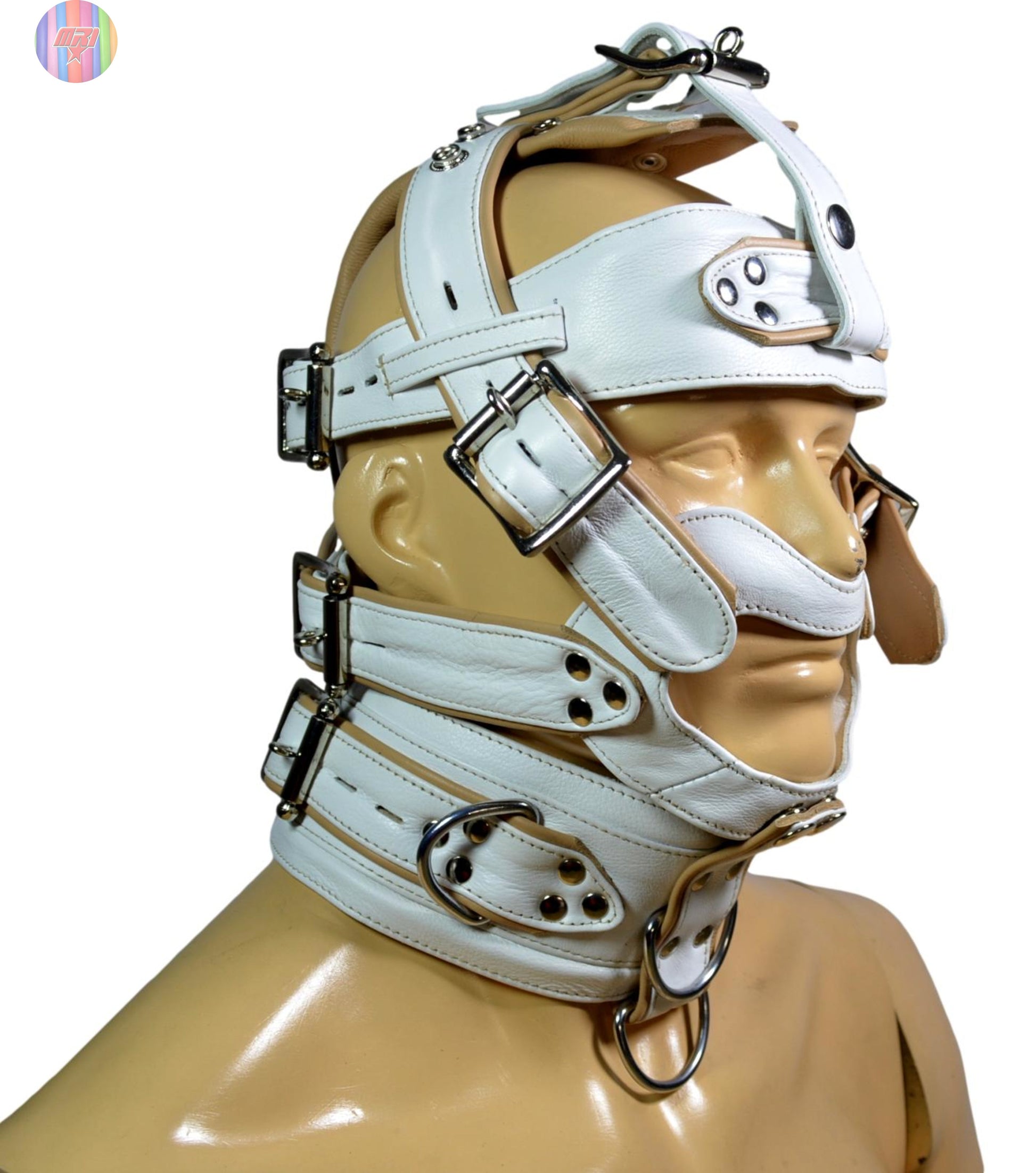 White leather head harness muzzle with locking buckles and D-rings, designed for BDSM restraint.