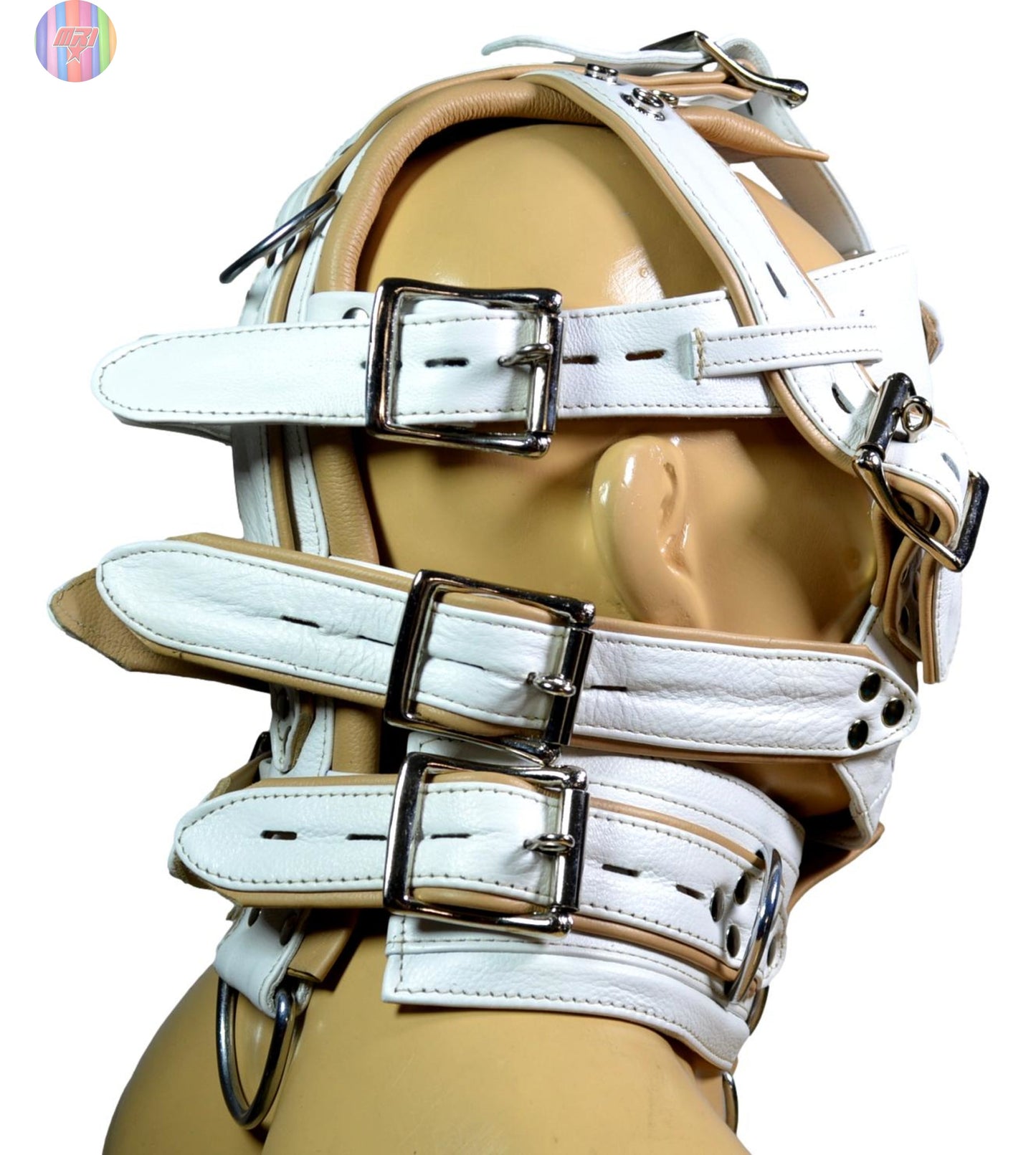 White leather BDSM head harness with adjustable straps, locking buckles, and D-rings for bondage play.