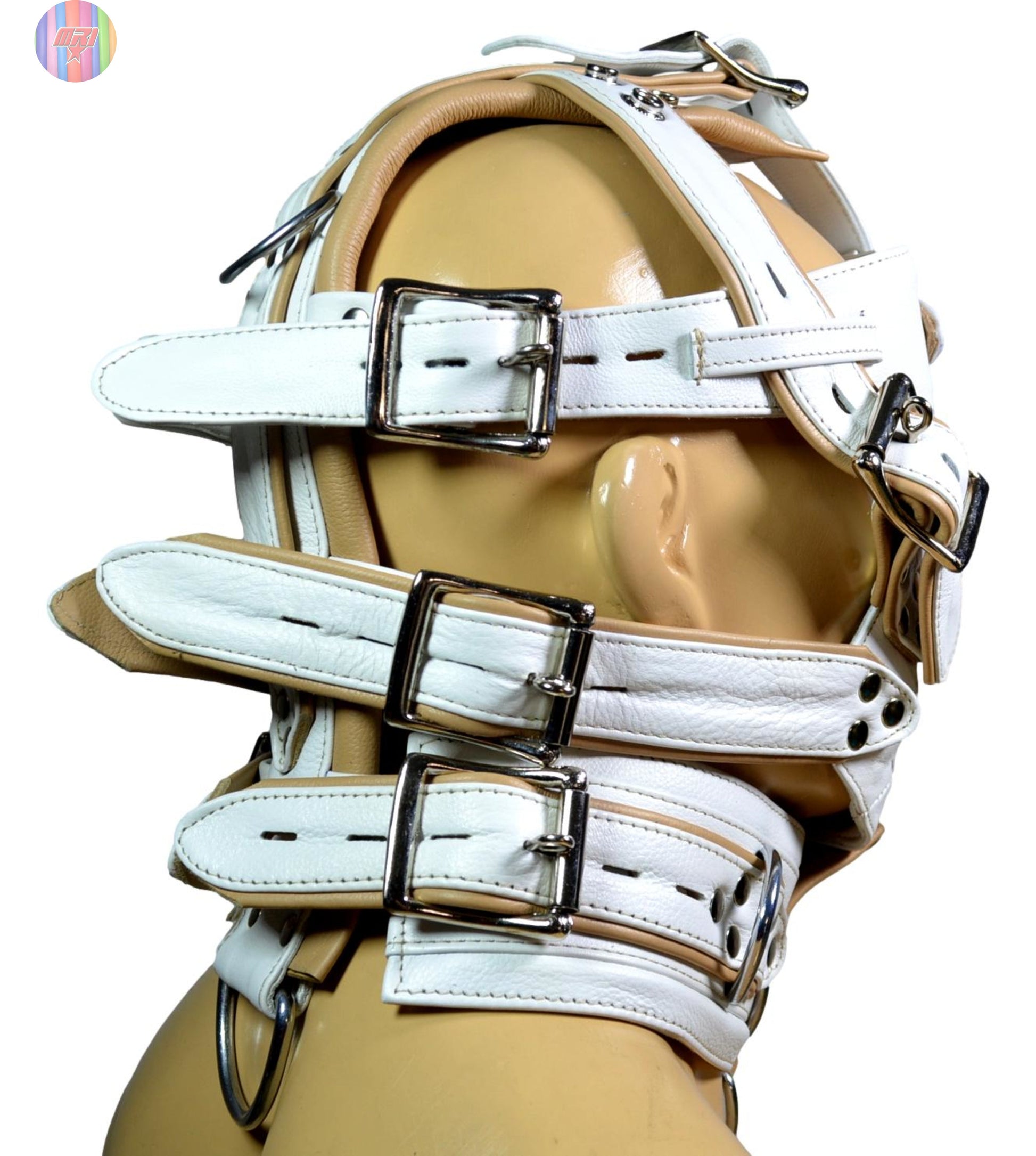 White leather BDSM head harness with adjustable straps, locking buckles, and D-rings for bondage play.