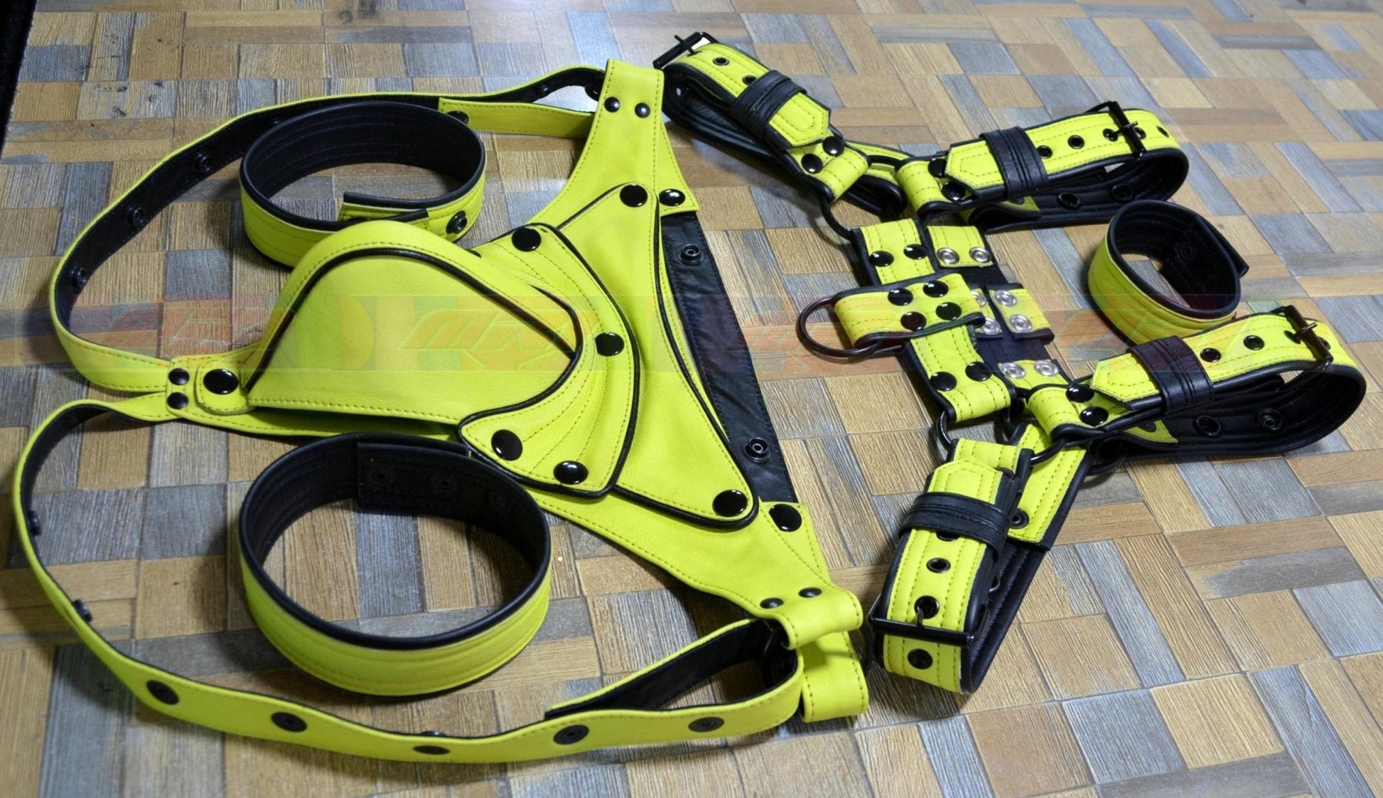 Men's leather harness with adjustable buckles and stainless steel hardware, displayed on a wooden surface.