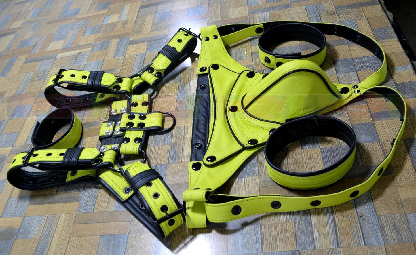 Men's leather harness with adjustable buckles and stainless steel hardware, featuring real chrome leather.