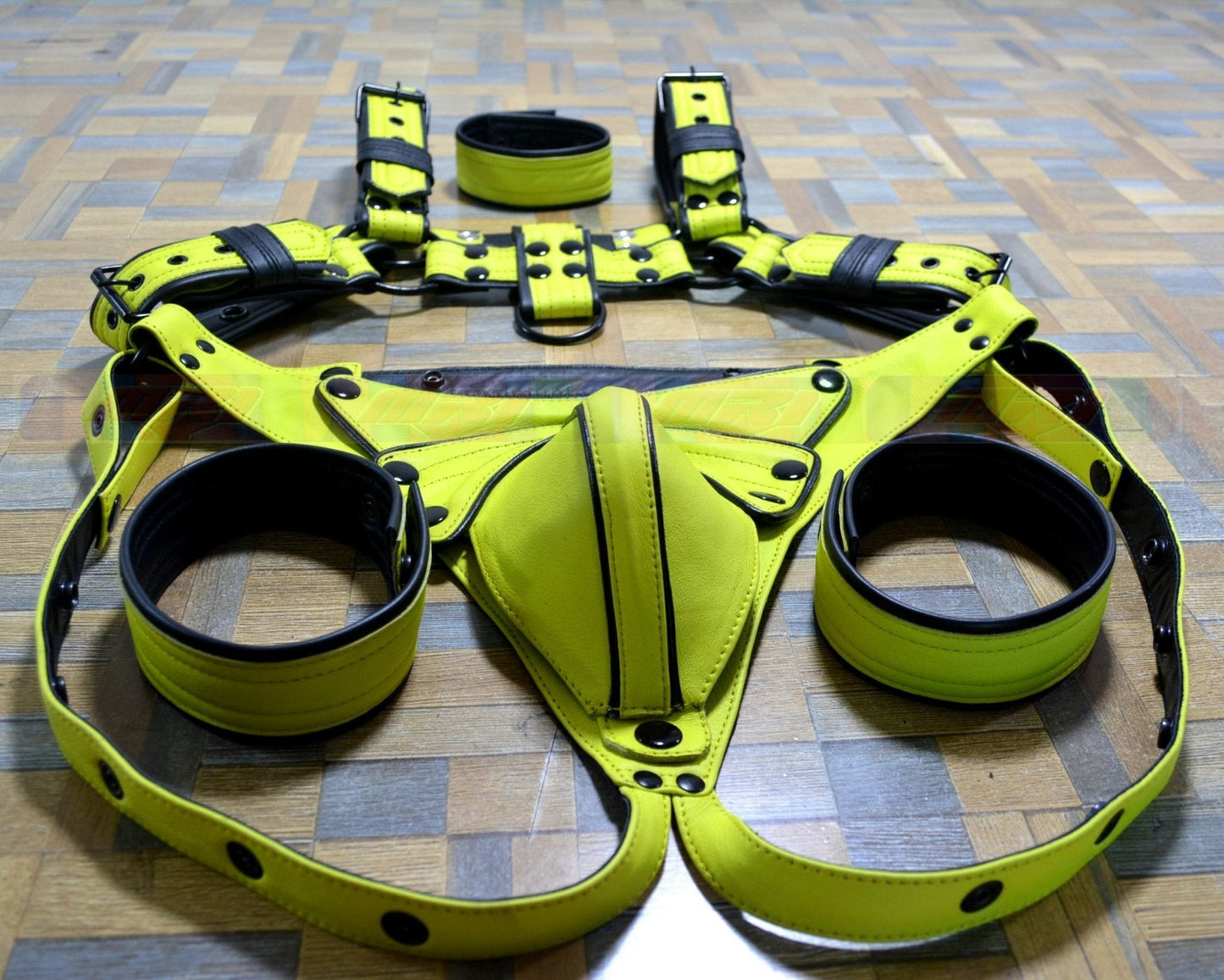 Men's leather harness with adjustable buckle and stainless steel hardware.