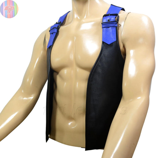 Men’s Black Leather Open Front Vest – Bright Blue Buckle Strap Shoulder Harness Look - MRI Leathers