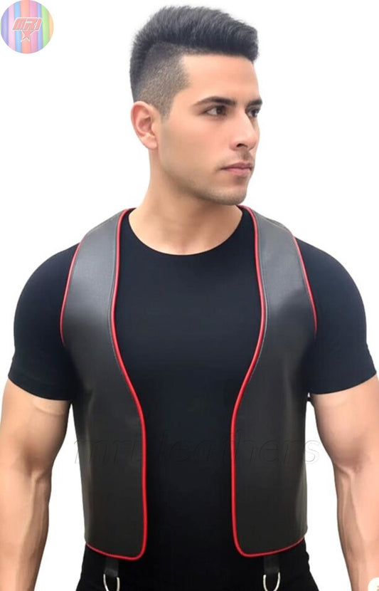 Men’s Open Front Leather Bar Vest – Red Piping Detail Club wear Fetish Chest Armor - MRI Leathers