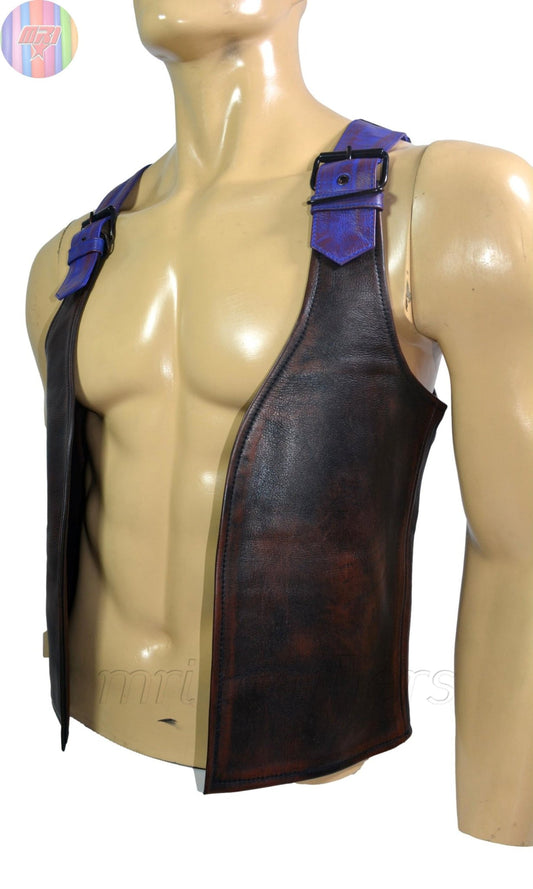 Men’s Vintage Leather Open Front Vest – Distressed Brown with Blue Buckle Straps - MRI Leathers