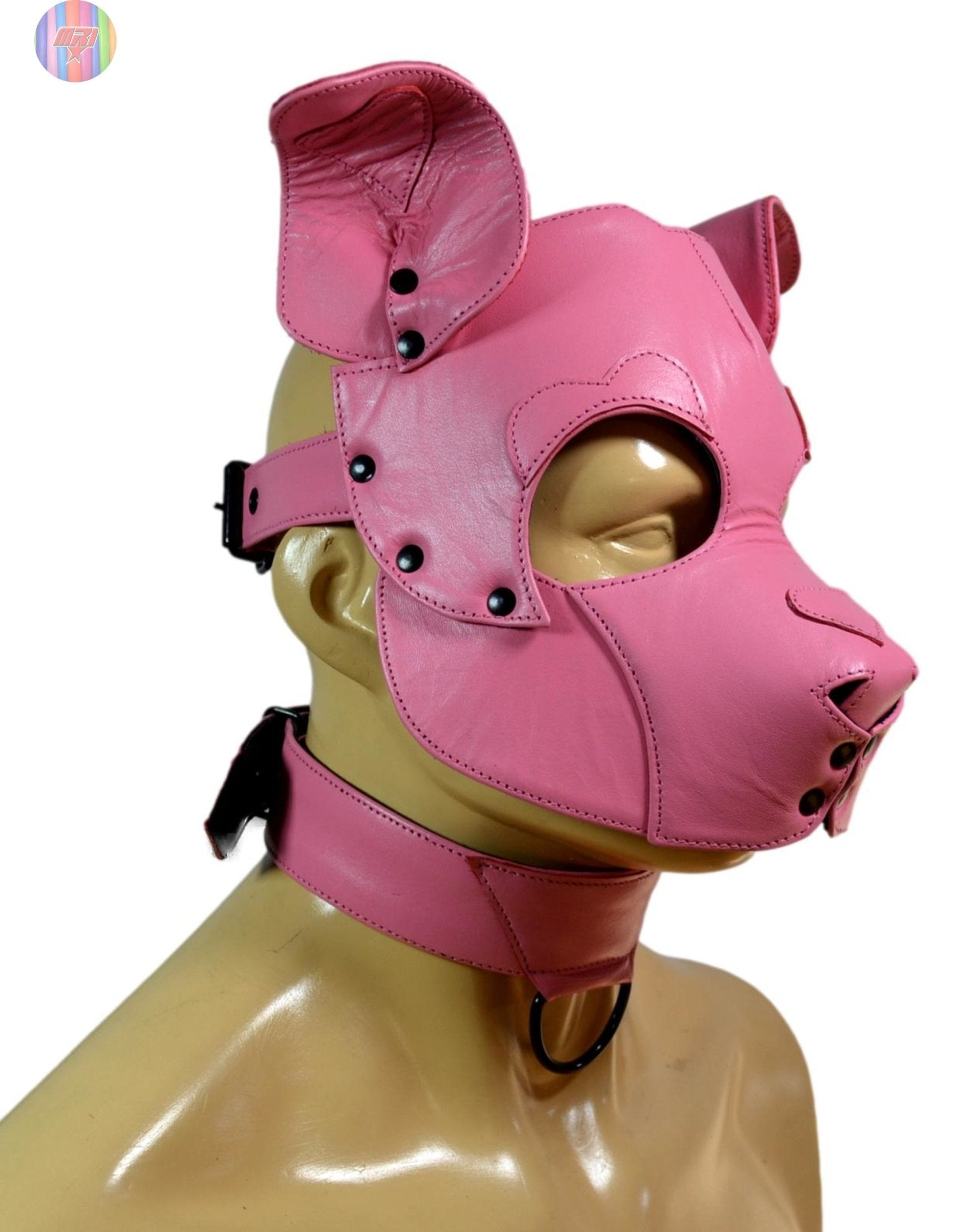Pink Leather Puppy Hood with Matching Collar – Adjustable Human Pup Play Mask for Cosplay, Roleplay & Fetish Wear - MRI Leathers