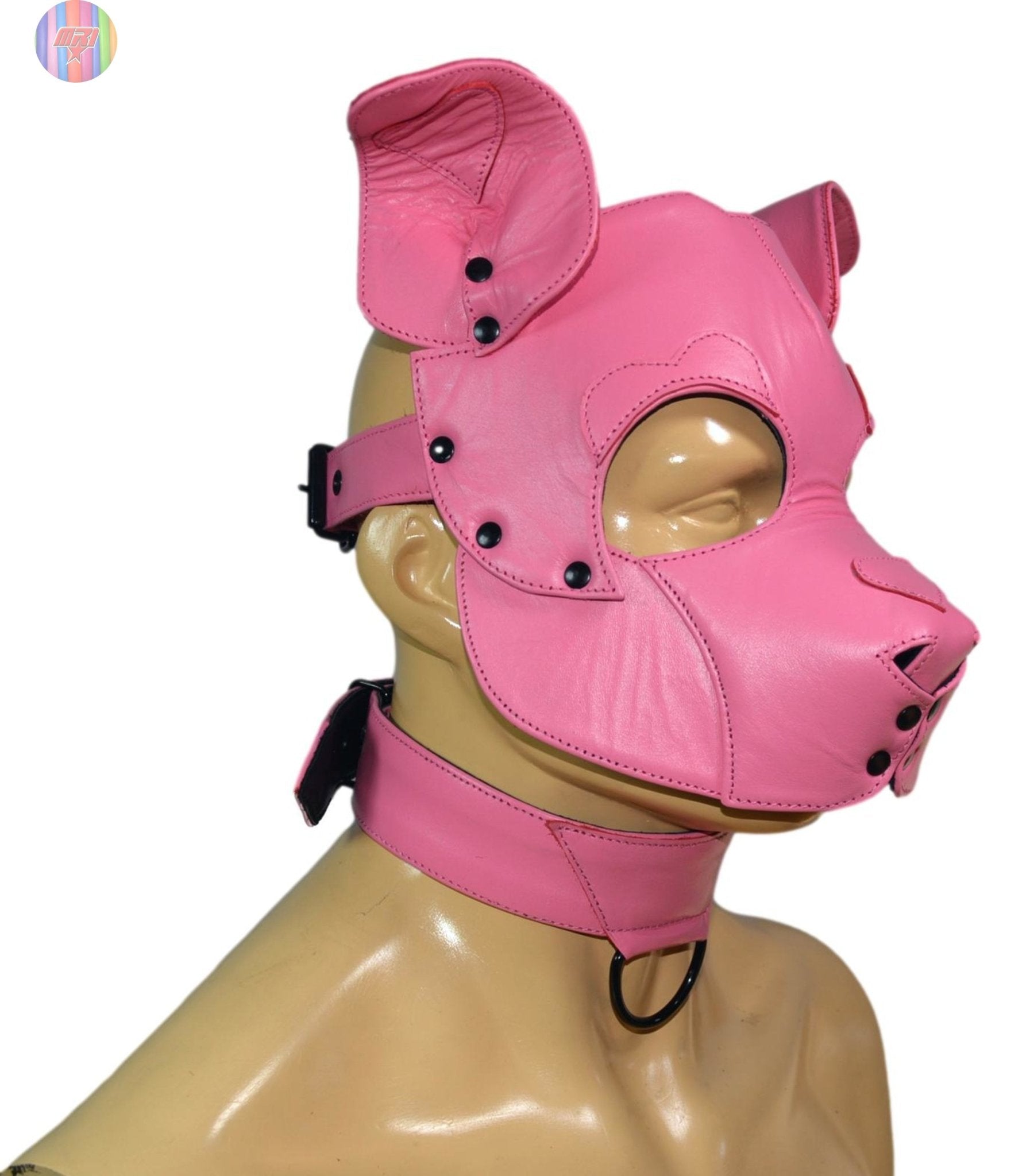 Pink Leather Puppy Hood with Matching Collar – Adjustable Human Pup Play Mask for Cosplay, Roleplay & Fetish Wear - MRI Leathers