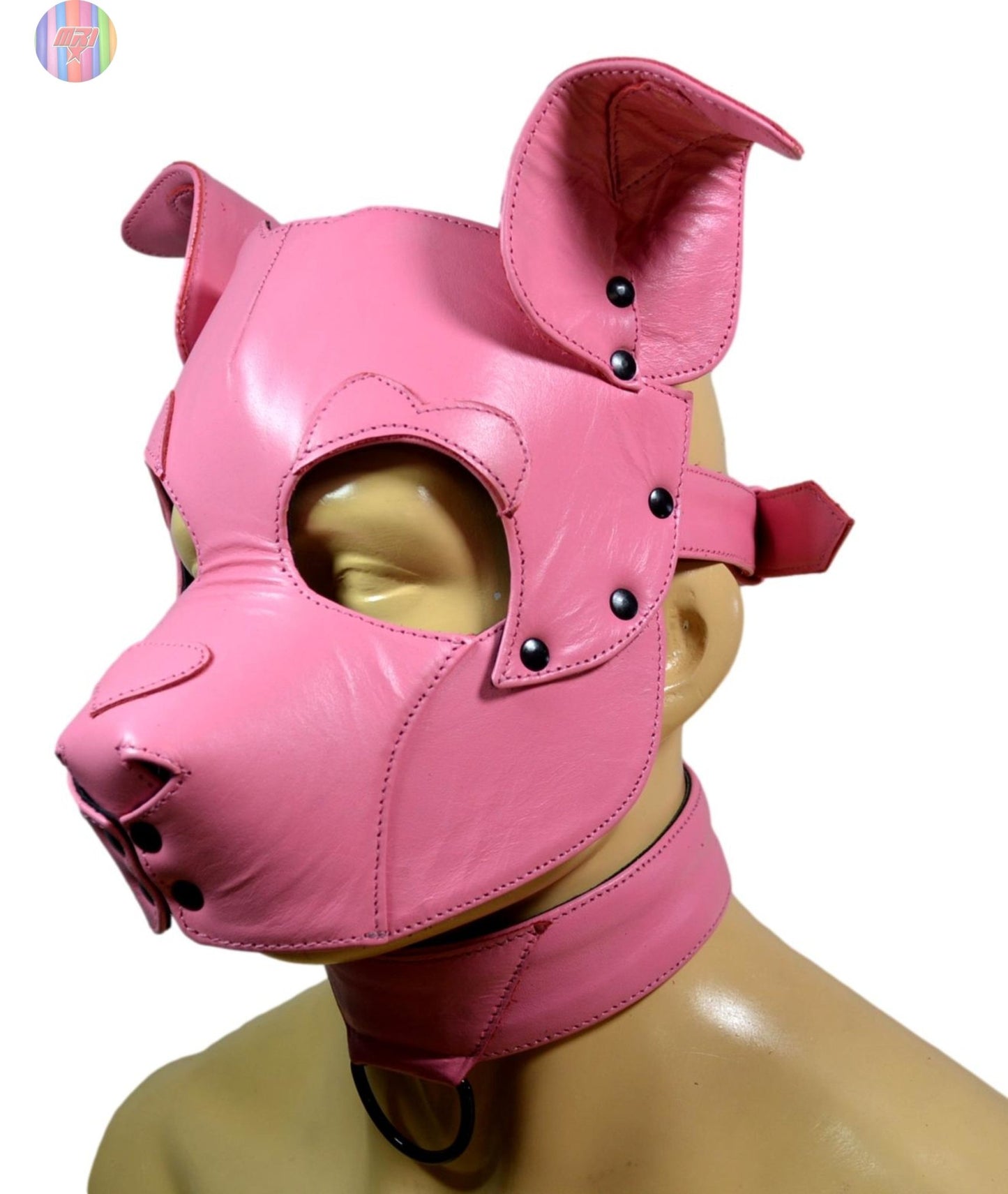 Pink Leather Puppy Hood with Matching Collar – Adjustable Human Pup Play Mask for Cosplay, Roleplay & Fetish Wear - MRI Leathers
