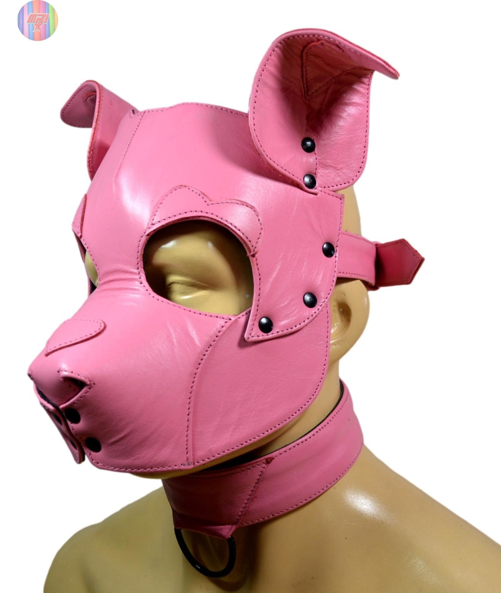 Pink Leather Puppy Hood with Matching Collar – Adjustable Human Pup Play Mask for Cosplay, Roleplay & Fetish Wear - MRI Leathers