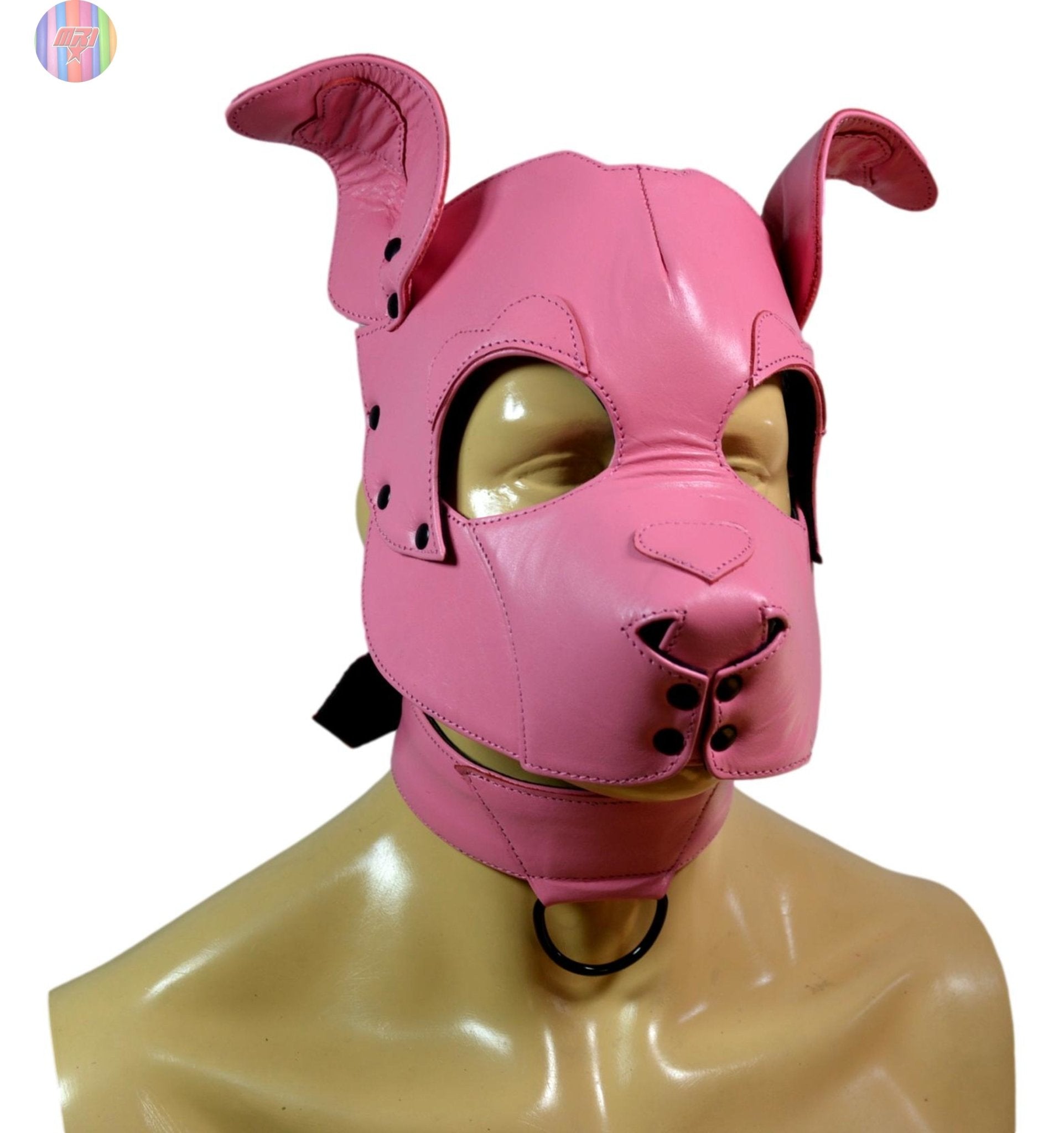 Pink Leather Puppy Hood with Matching Collar – Adjustable Human Pup Play Mask for Cosplay, Roleplay & Fetish Wear - MRI Leathers
