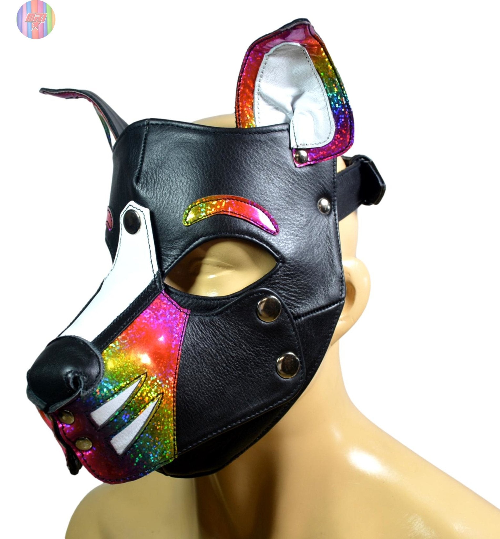 Rainbow Leather Puppy Hood – Adjustable Dog Mask for Cosplay, Pet Play & Role play – Handmade Multi color Pup Hood" - MRI Leathers