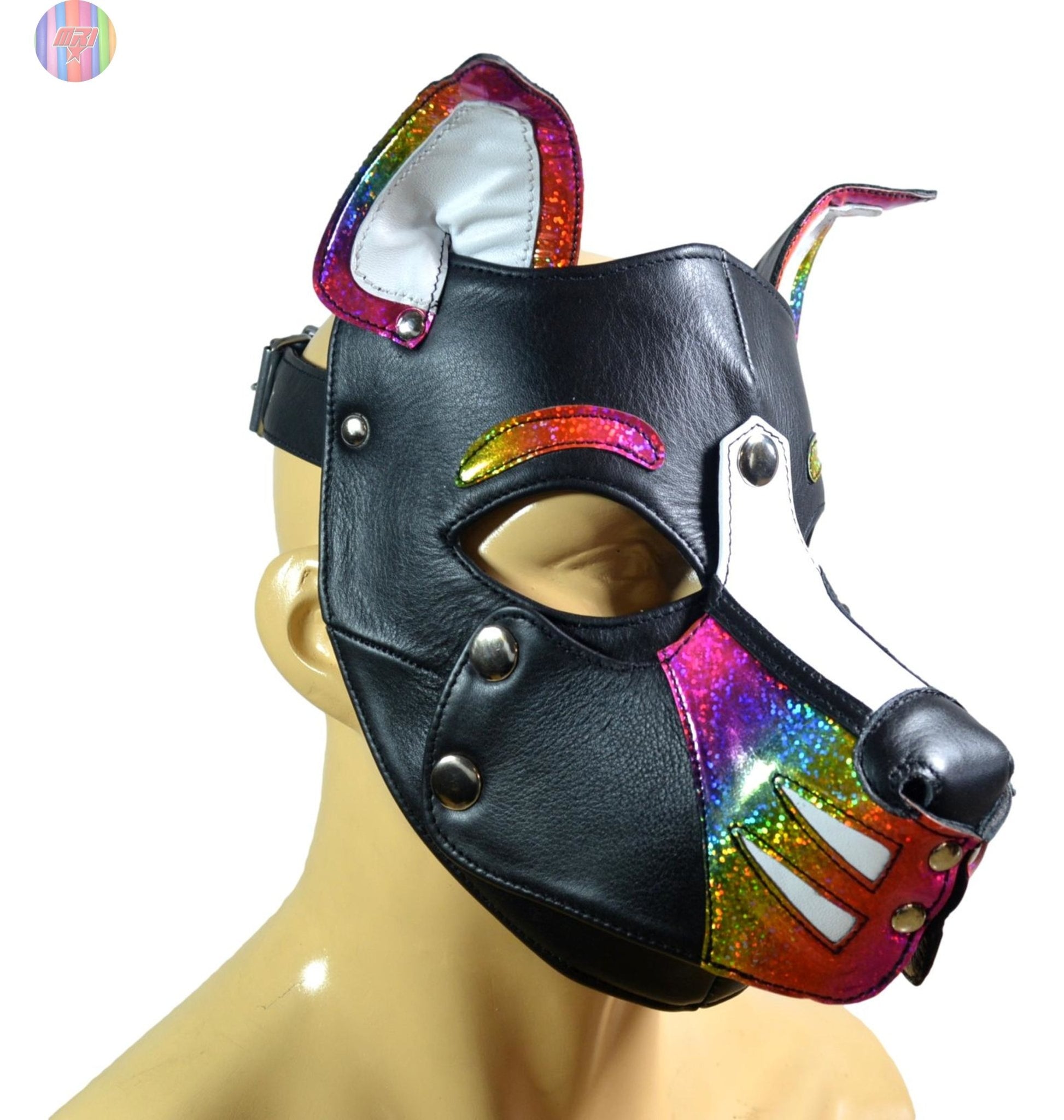 Rainbow Leather Puppy Hood – Adjustable Dog Mask for Cosplay, Pet Play & Role play – Handmade Multi color Pup Hood" - MRI Leathers