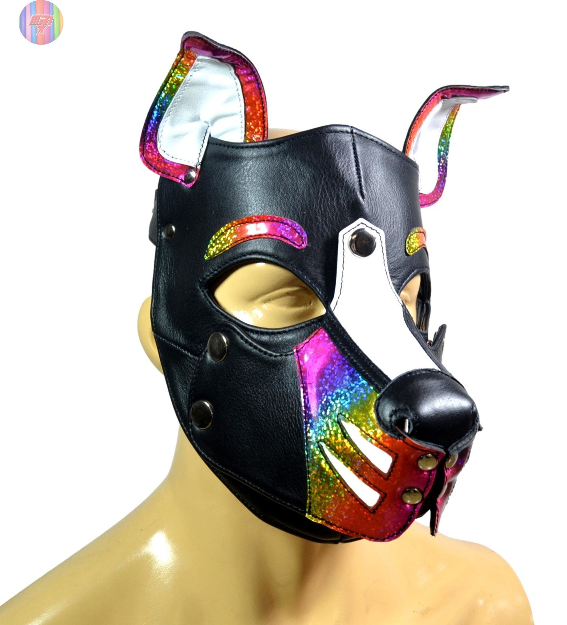 Rainbow Leather Puppy Hood – Adjustable Dog Mask for Cosplay, Pet Play & Role play – Handmade Multi color Pup Hood" - MRI Leathers