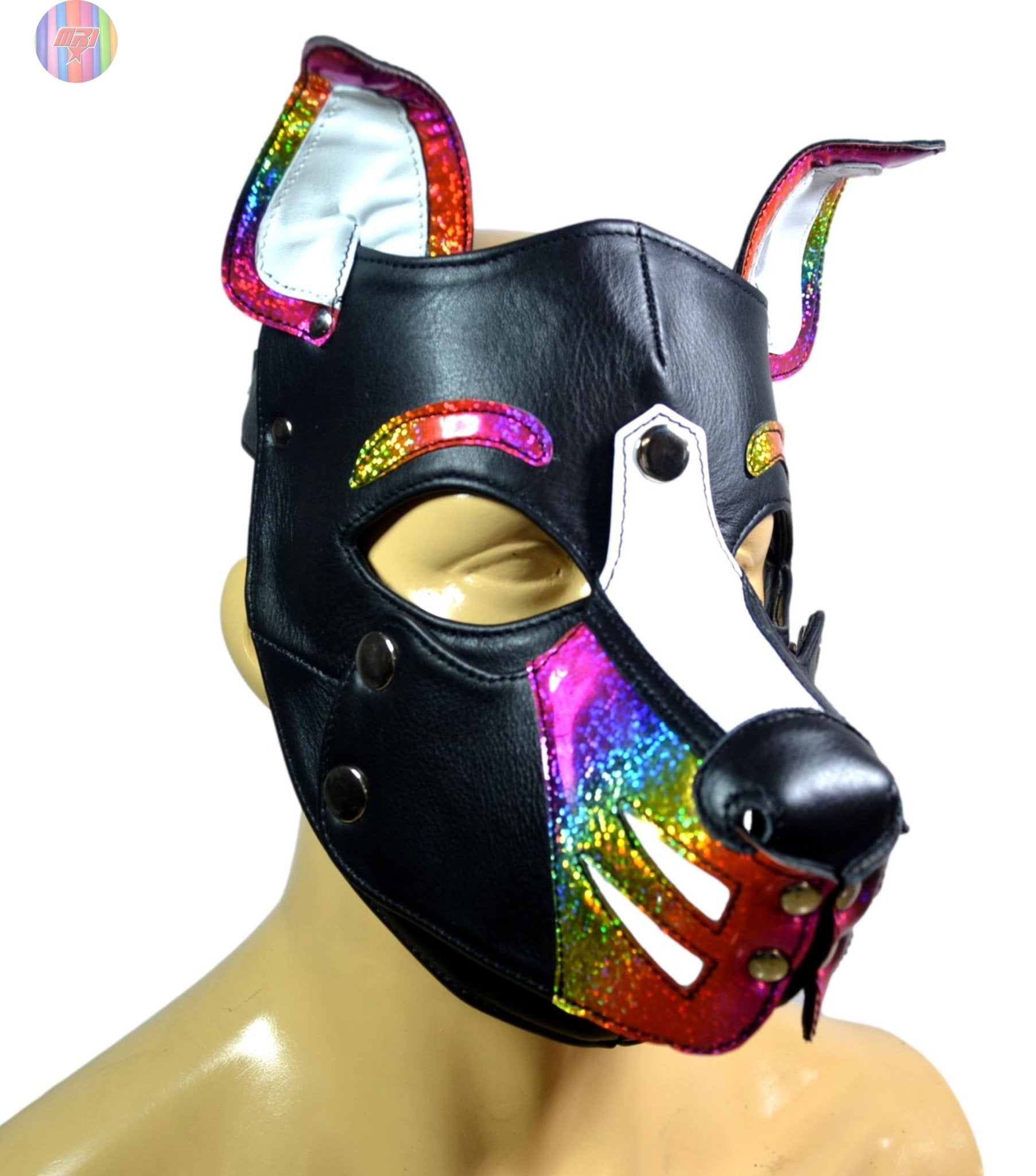 Rainbow Leather Puppy Hood – Adjustable Dog Mask for Cosplay, Pet Play & Role play – Handmade Multi color Pup Hood" - MRI Leathers