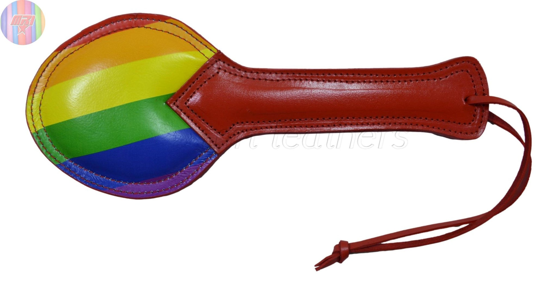 Rainbow Pride Leather Spanking Paddle Handmade Red Handle Impact Toy MRI Leathers Rainbow Pride Leather Spanking Paddle Handmade Red Handle Impact Toy MRI Leathers